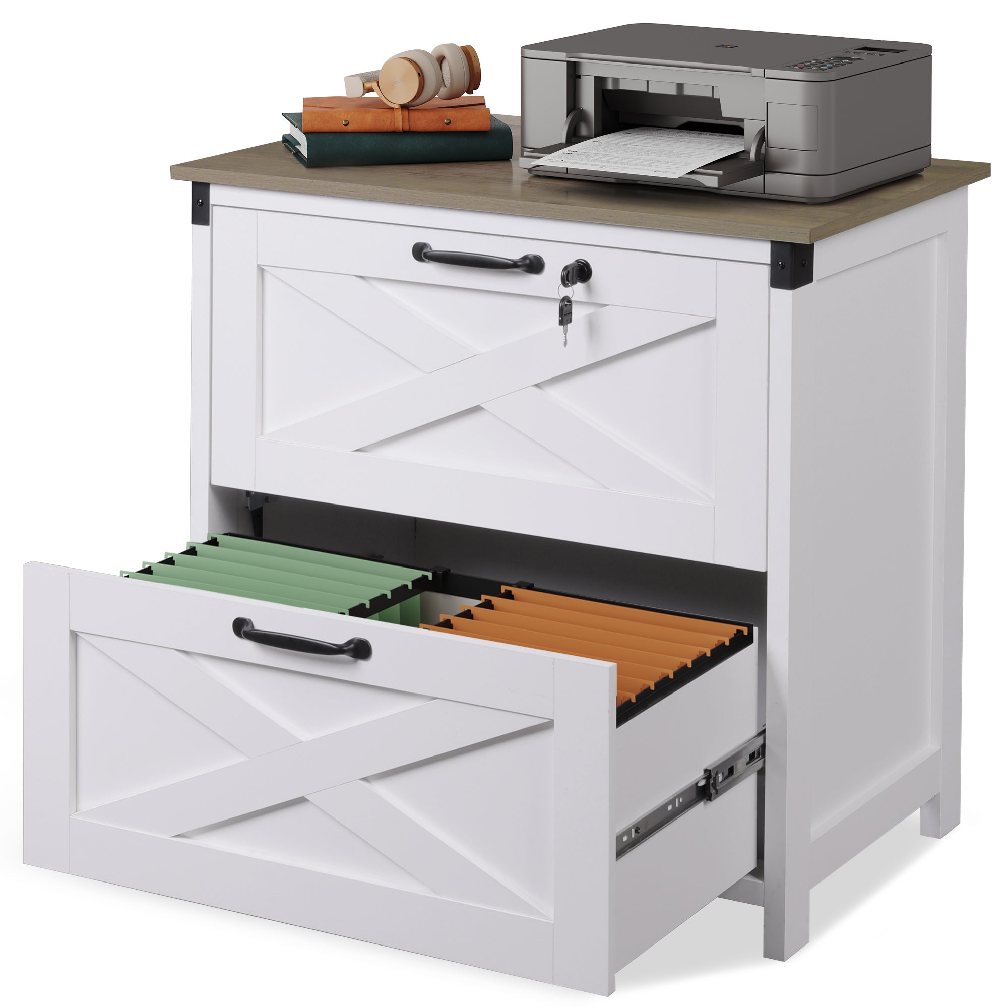 GALAXHERO 2 Drawer Farmhouse File Cabinet with Lock, Lateral Filing Cabinet for Letter/Legal/A4 Size, Wood Printer Stand for Home Office, White