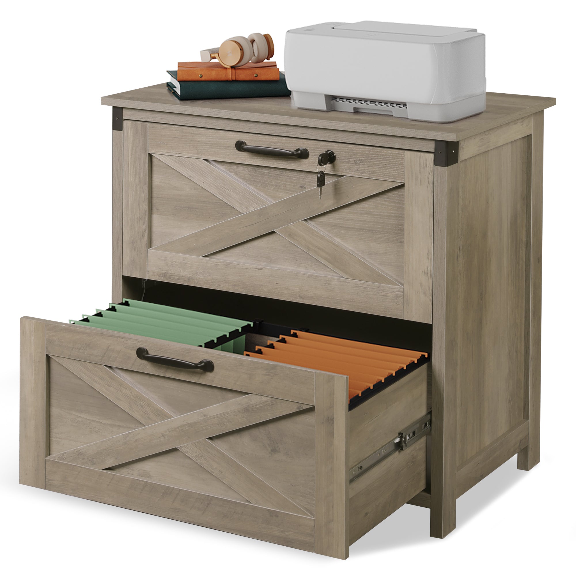 GALAXHERO 2 Drawer Farmhouse File Cabinet with Lock, Lateral Filing Cabinet for Letter/Legal/A4 Size, Wood Printer Stand for Home Office, White