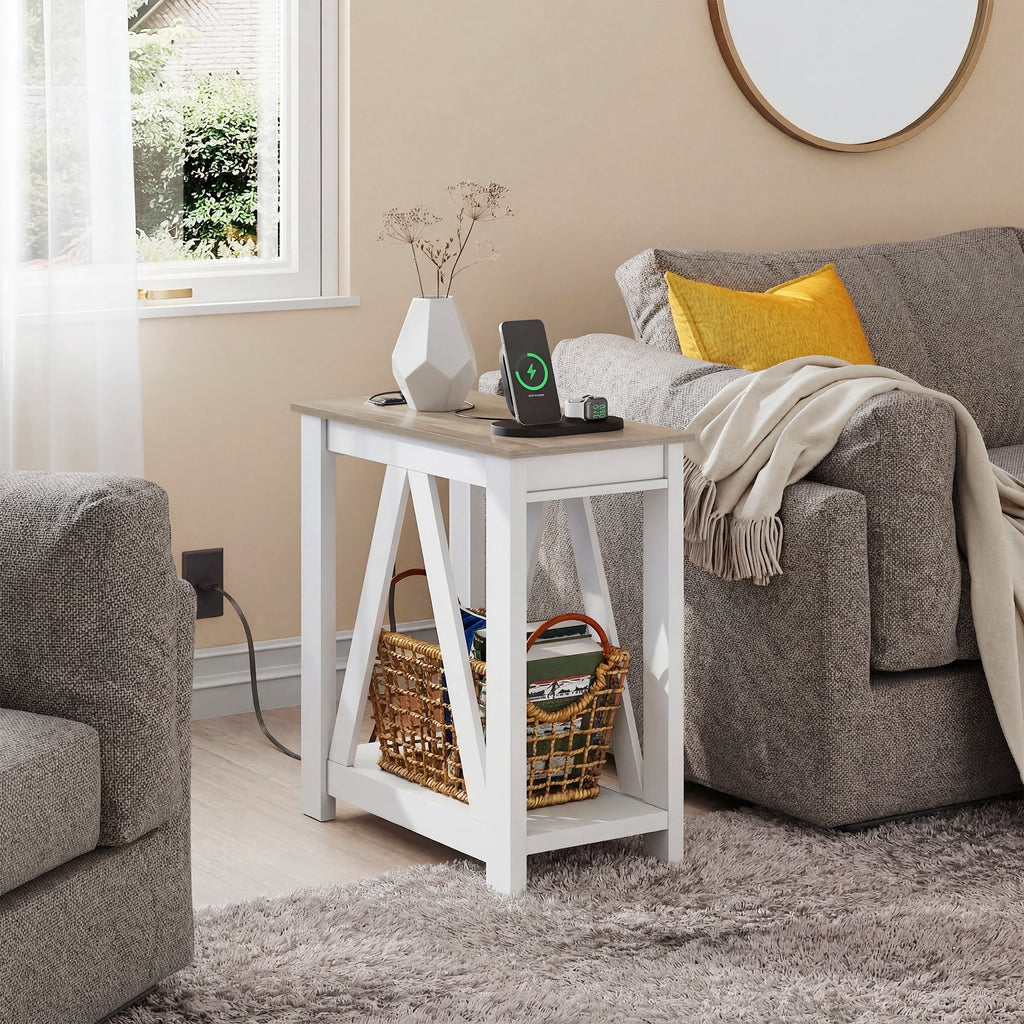 GALAXHERO Narrow End Table with Charging Station and Open Storage Shelf Sofa Side Table with 2 USB Ports and 2 Power Outlets, Slim Farmhouse End Table for Small Spaces, Bedroom, Living Room
