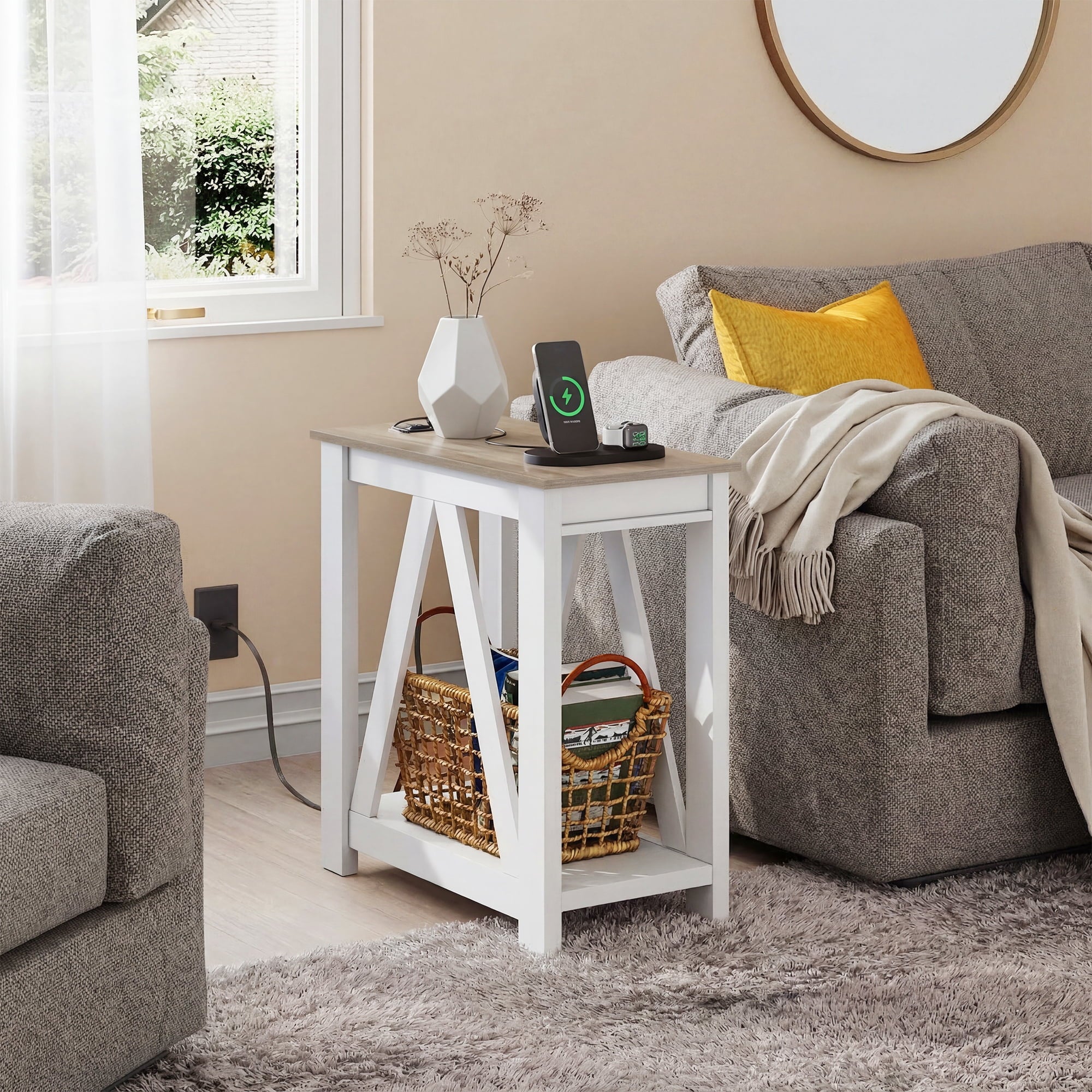 GALAXHERO Narrow End Table with Charging Station and Open Storage Shelf Sofa Side Table with 2 USB Ports and 2 Power Outlets, Slim Farmhouse End Table for Small Spaces, Bedroom, Living Room