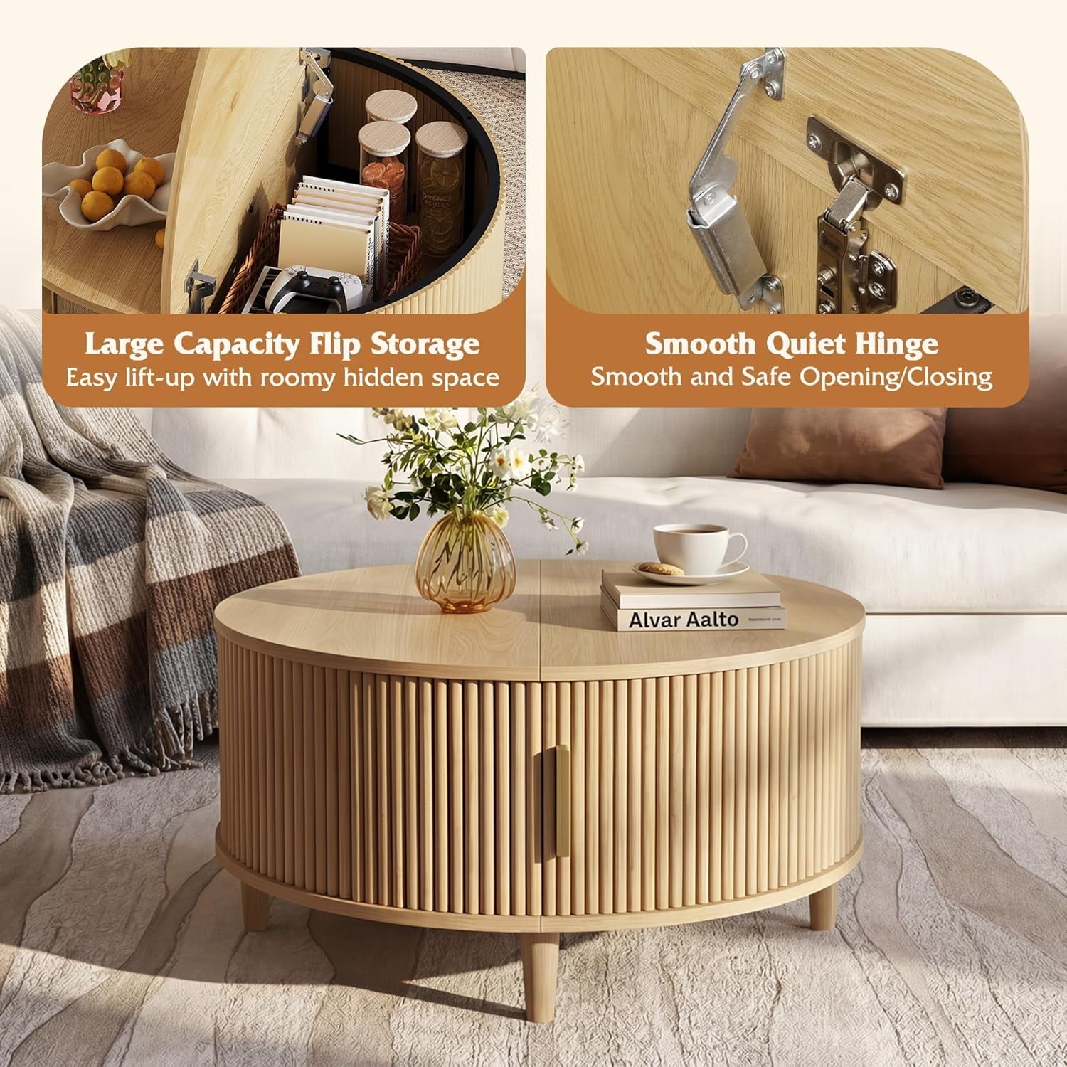 GALAXHERO Coffee Table, 31.5" Round Coffee Tables with Storage and Sliding Cabinet Door, Mid Century Modern Fluted Center Table for Living Room, Small Space
