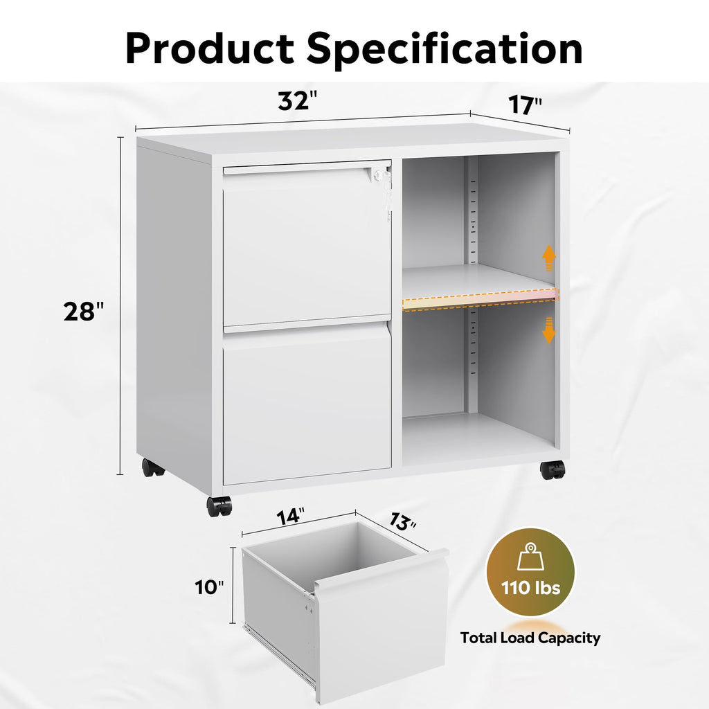 GALAXHERO 2 Drawer File Cabinet with Lock, Metal Filing Cabinet for Home Office, Rolling Printer Stand with Adjustable Shelf, Fit Letter/A4/Legal Size Files, White