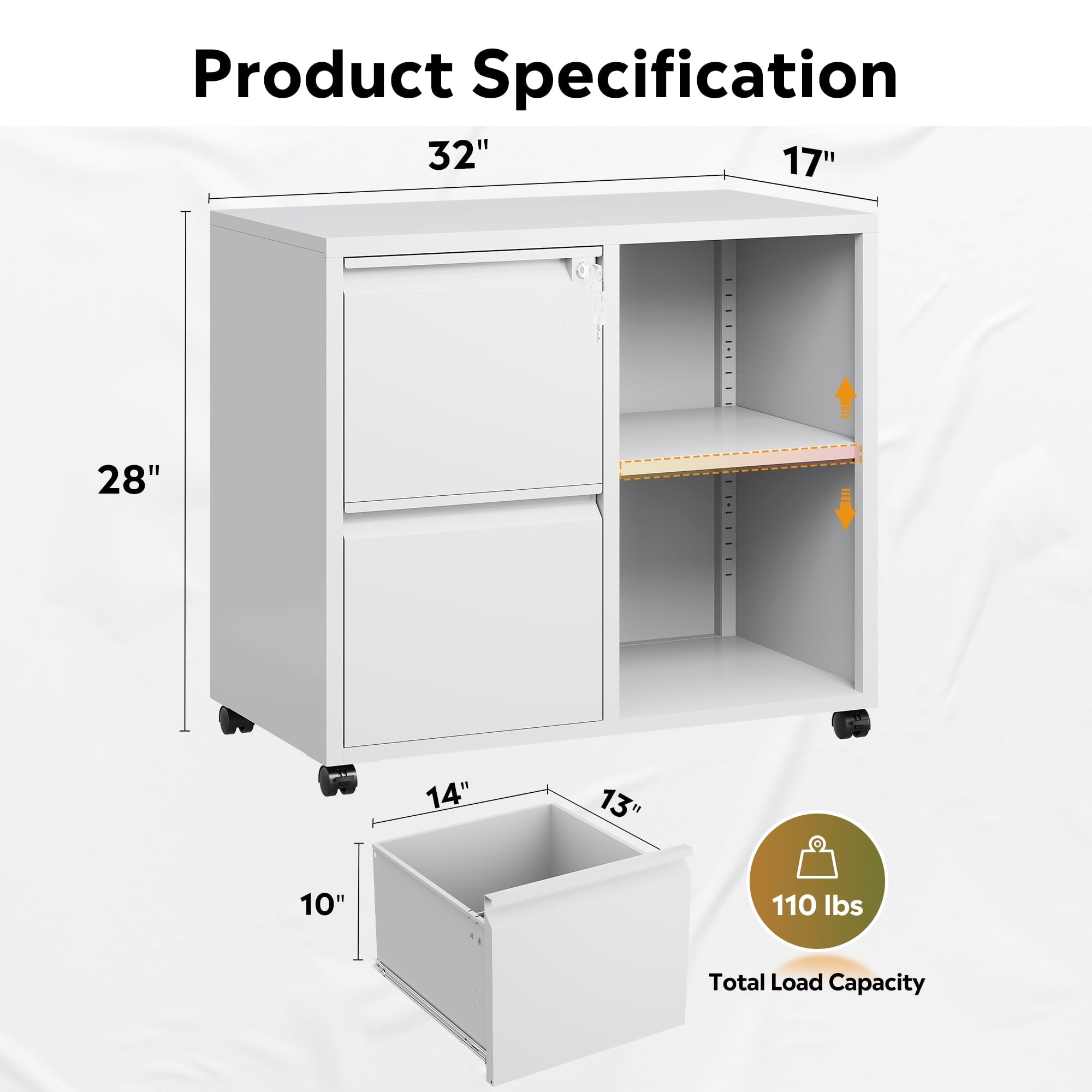 GALAXHERO 2 Drawer File Cabinet with Lock, Metal Filing Cabinet for Home Office, Rolling Printer Stand with Adjustable Shelf, Fit Letter/A4/Legal Size Files, White