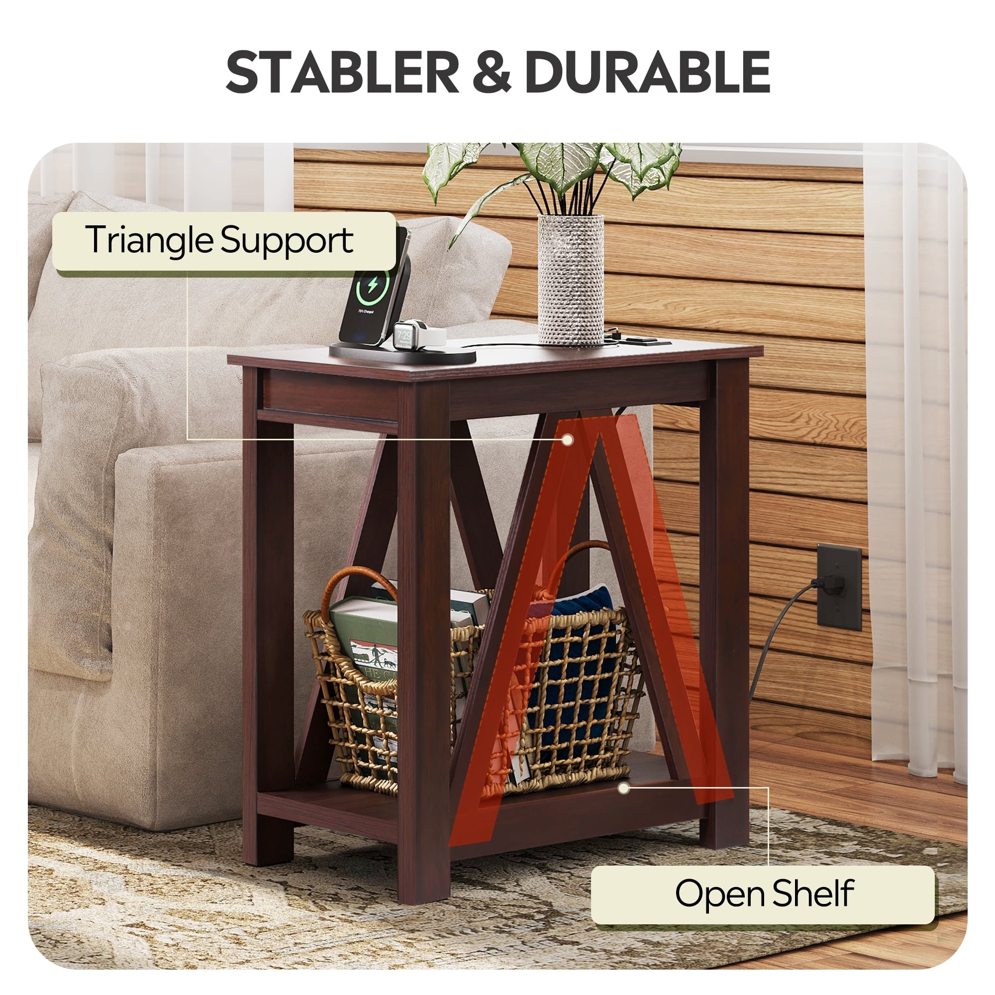 GALAXHERO Set of 2 Farmhouse End Tables with Charging Station Slim Sofa Side Tables with Open Storage Shelf End Table for Living Room Espresso