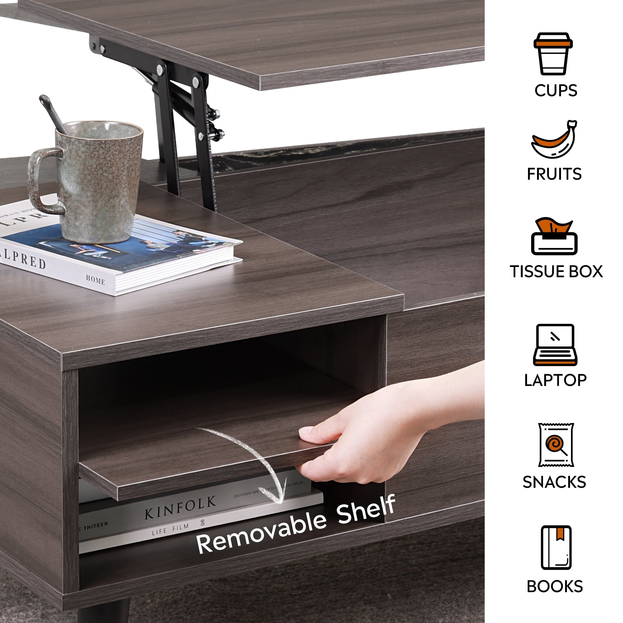 GALAXHERO Coffee Table with Removable Storage Shelves Lift Top Small Coffee Table for Living Room