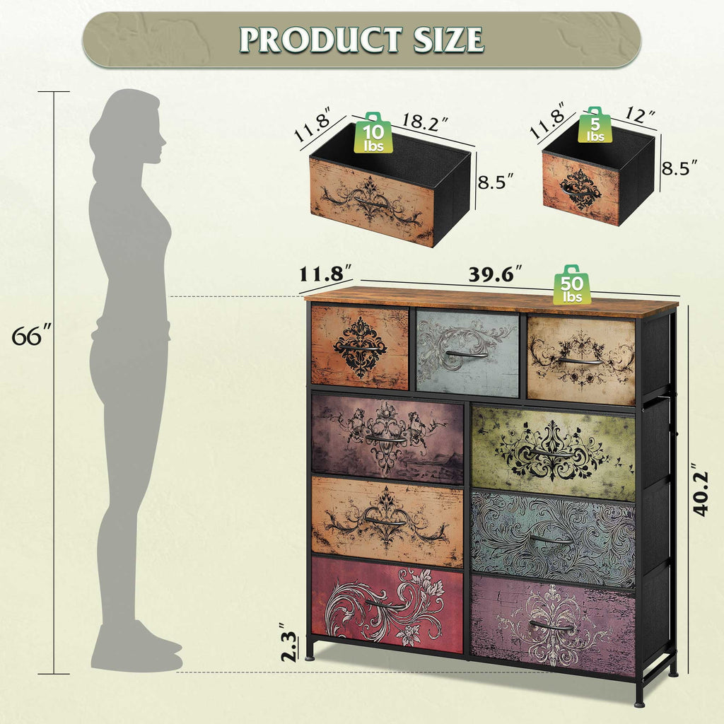 GALAXHERO 9-Drawer Fabric Dresser, Tall Storage Tower for Bedroom, Hallway, Entryway, Closet, Chest Organizer Unit with Fabric Bins, Steel Frame, Wood Top, Wood Grain Print