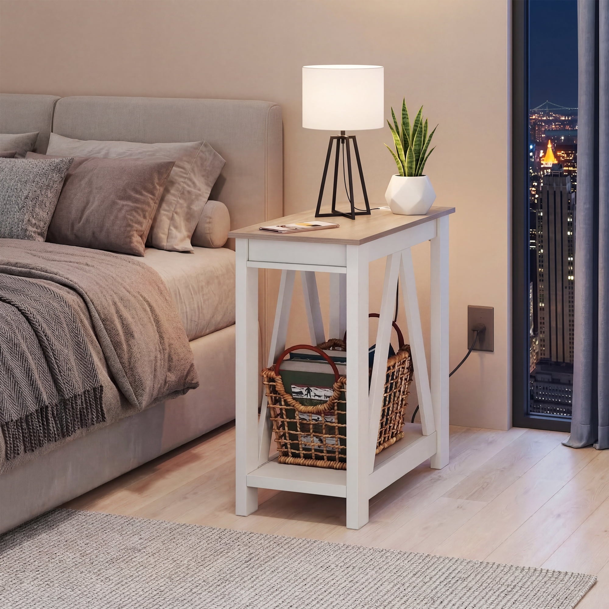 GALAXHERO Narrow End Table with Charging Station and Open Storage Shelf, Sofa Side Table with 2 USB Ports and 2 Power Outlets, Slim Farmhouse End Table for Small Spaces, Bedroom, Living Room