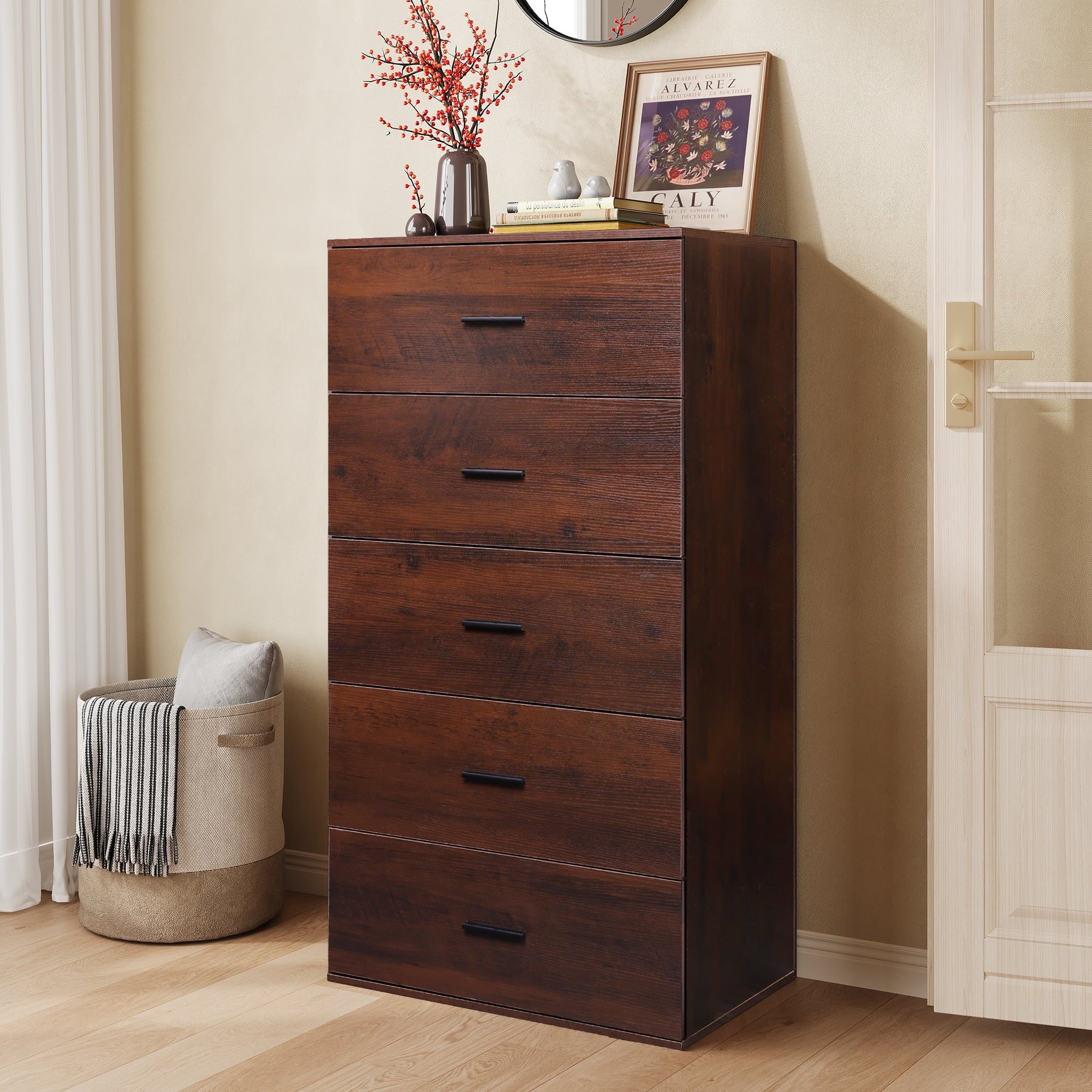 GALAXHERO 5 Drawers Dresser, Chest of Drawers for Bedroom, Tall Wood Storage Cabinet with Metal Handle for Living Room, Closet, Hallway