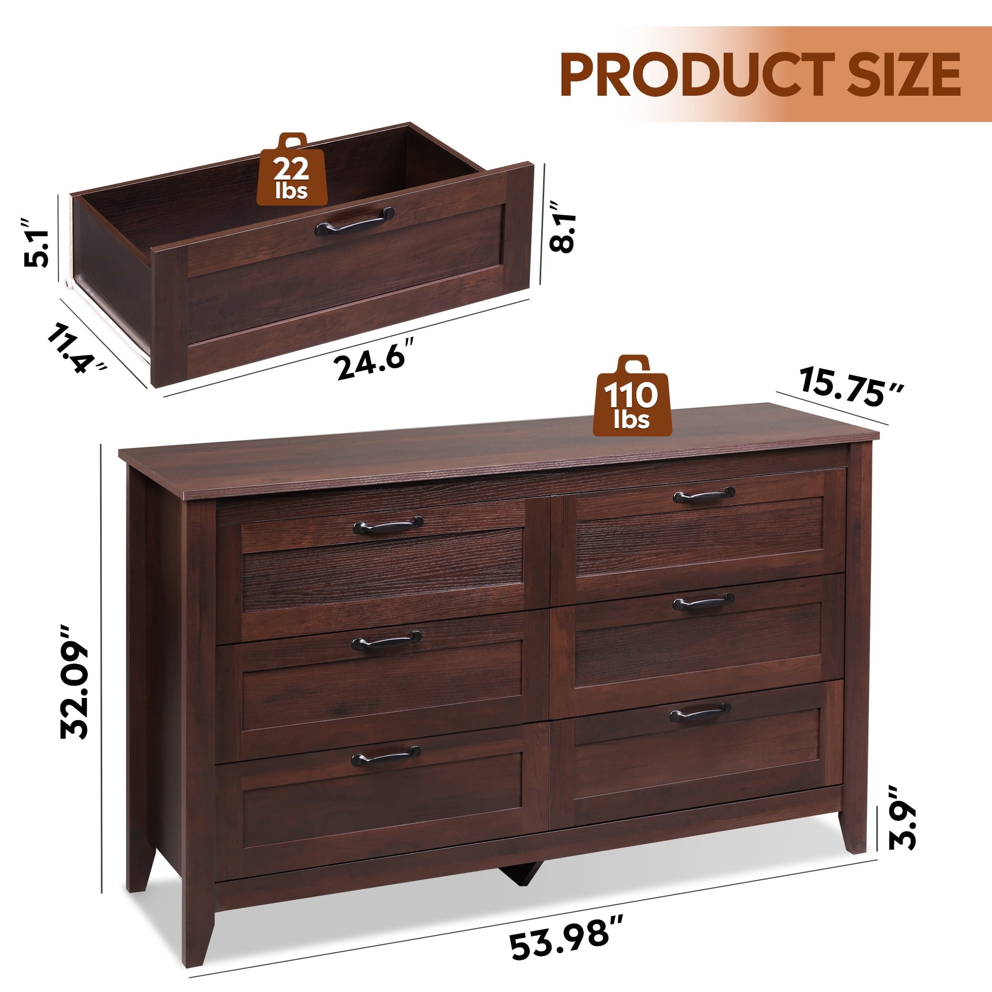 GALAXHERO 6-Drawer Double Wood Dresser - Farmhouse Chest of Drawers with Metal Handles for Bedroom, Living Room, Entryway