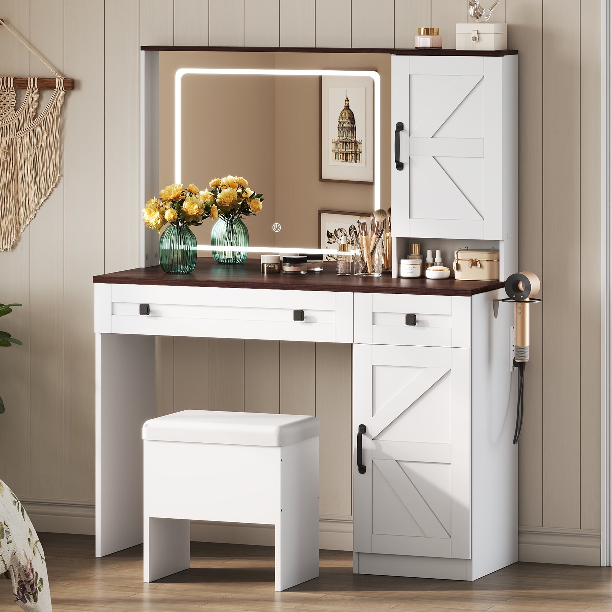 GALAXHERO Farmhouse Vanity Desk, Makeup Table Set with Mirror and Lights, Dressing Table with 2 Drawers and 2 Cabinets, Hair Dryer Holder for Bedroom