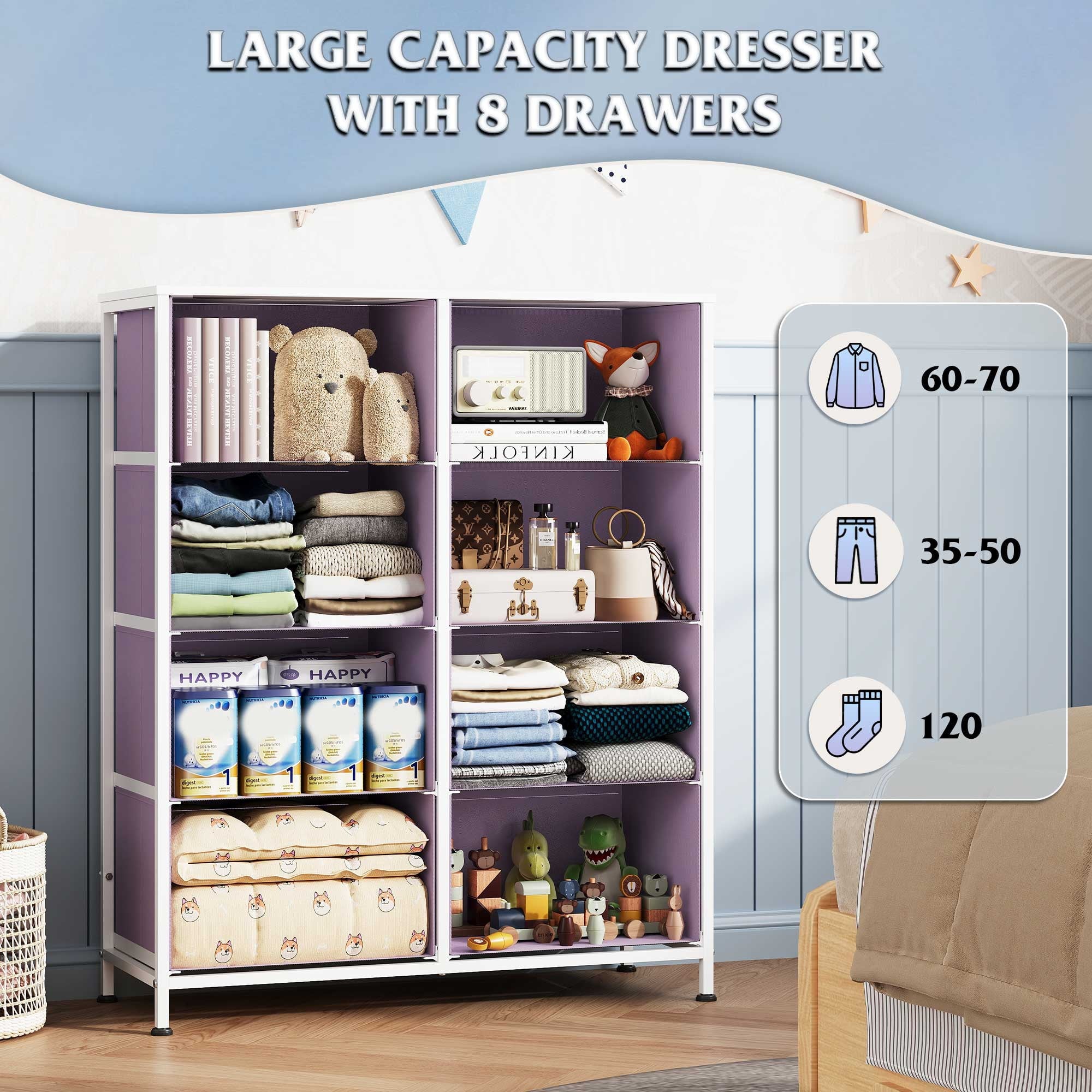 GALAXHERO 8 Drawer Fabric Dresser for Bedroom, Storage Bins Chest of Drawer for Closet, Living Room, Hallway, Wood Grain Print