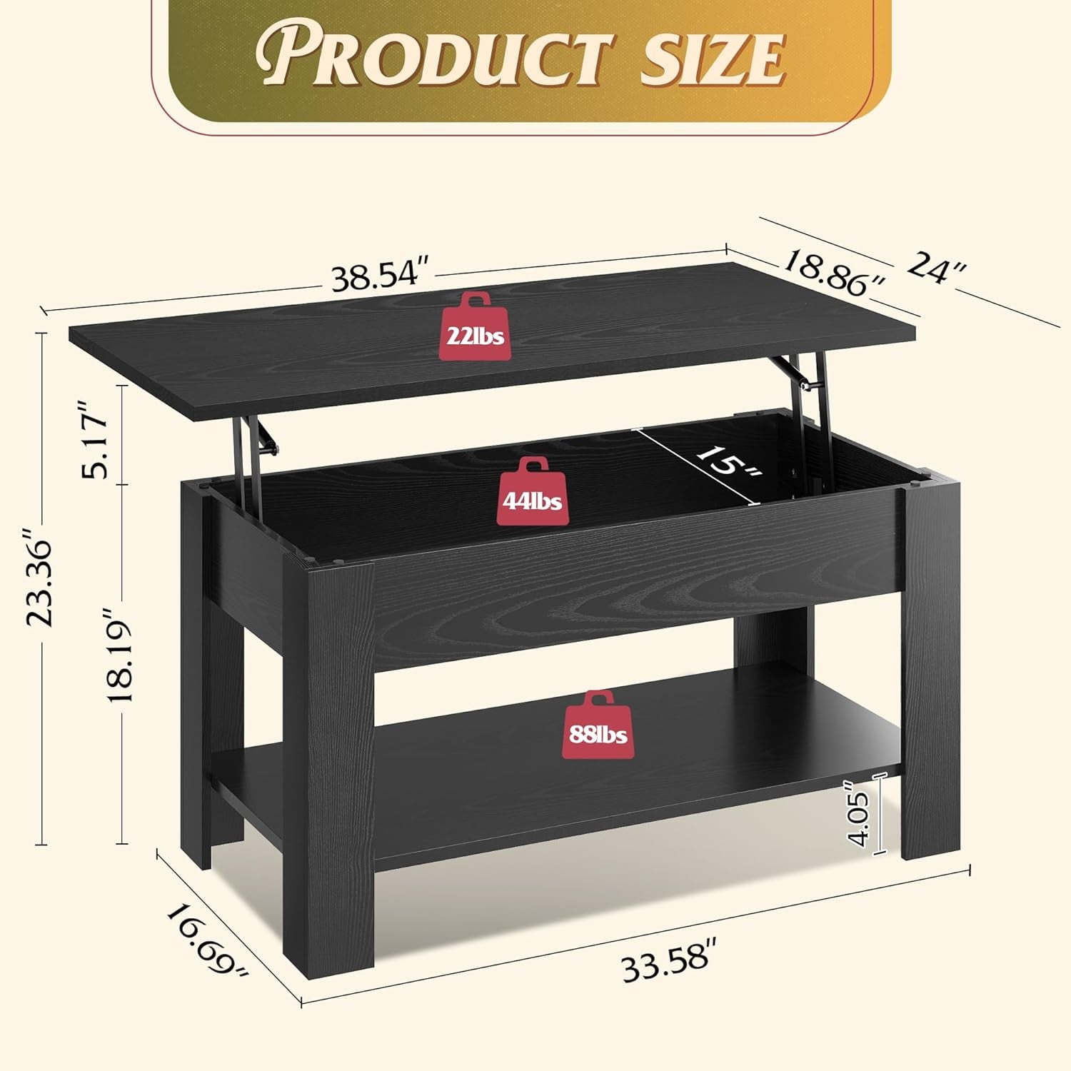 GALAXHERO 39" Lift Top Coffee Table with Storage Shelf & Hidden Compartment and Lifting Top for Home Living Room Office and Reception Room