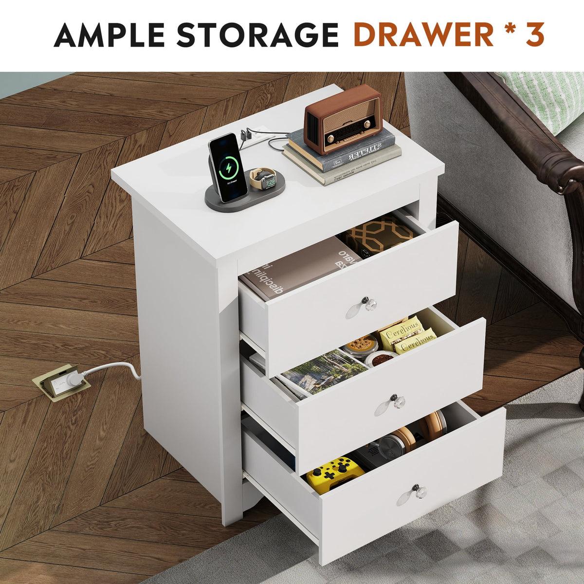 GALAXHERO Nightstand with Charging Station, 3-Drawer Tall Wood Bedside Table & End Table for Bedroom Living Room Dorm