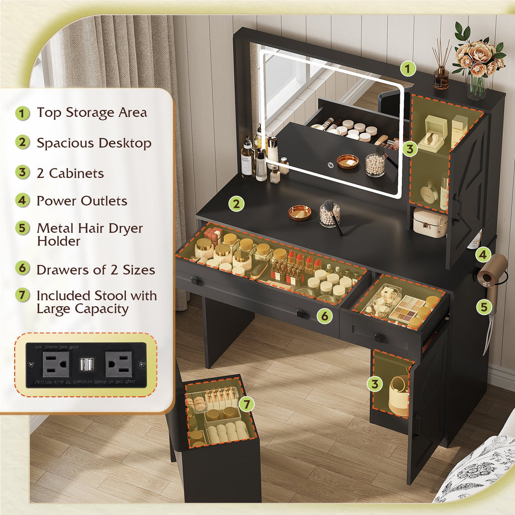 GALAXHERO Farmhouse Vanity Desk, Makeup Table Set with Mirror and Lights, Dressing Table with 2 Drawers and 2 Cabinets, Hair Dryer Holder for Bedroom