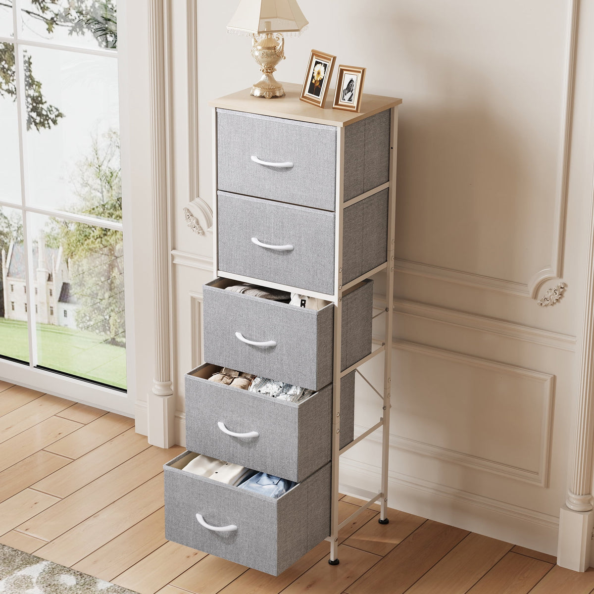 GALAXHERO 5-Drawer Tall Fabric Dresser with Wood Top, Storage Organizer Chest for Bedroom, Closet, Hallway, Sturdy Steel Frame