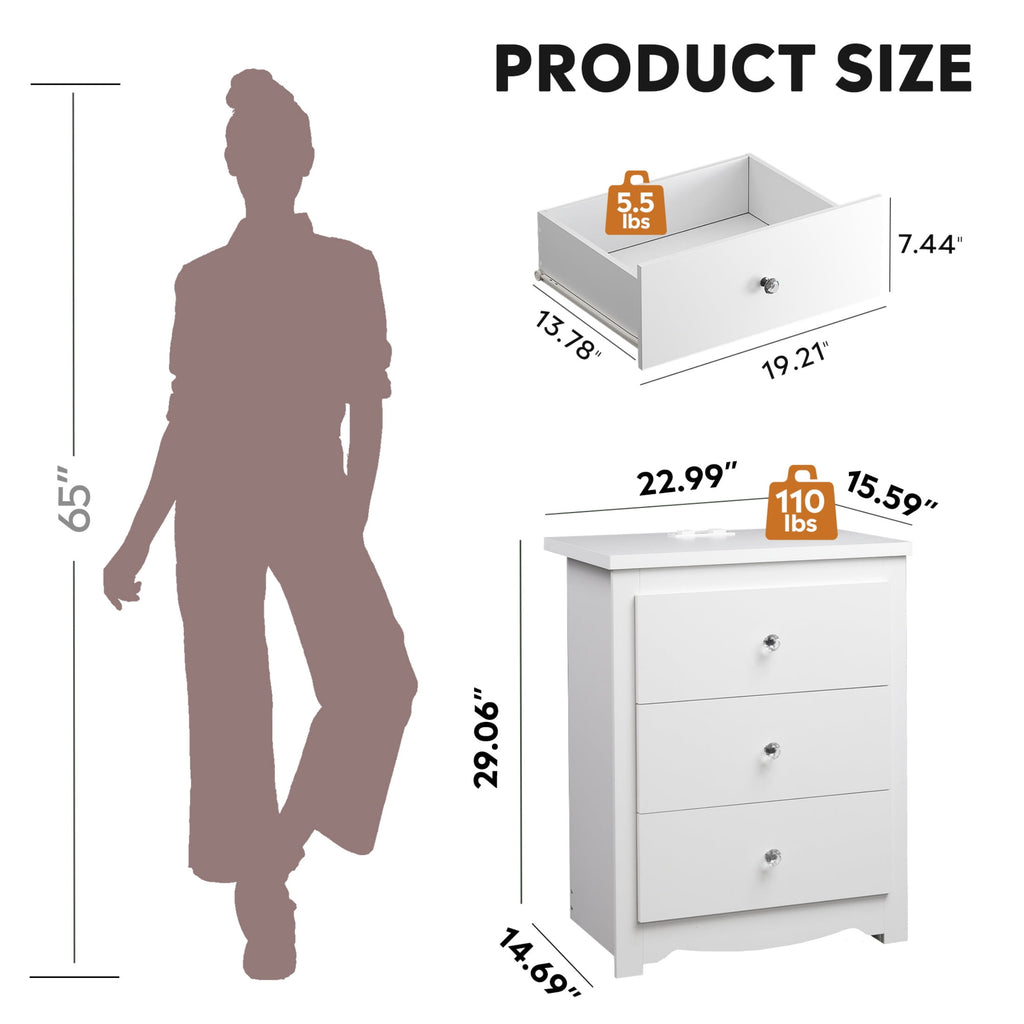 GALAXHERO Nightstand with Charging Station, 3-Drawer Tall Wood Bedside Table & End Table for Bedroom Living Room Dorm