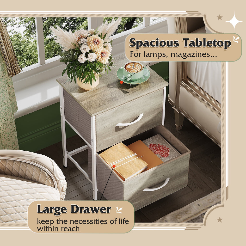 GALAXHERO Nightstand with 2 Drawers, Small Dresser for Closet, End Table with Fabric Bin, Bedside Table for Bedroom, Entryway, College Dorm, Greige Oak