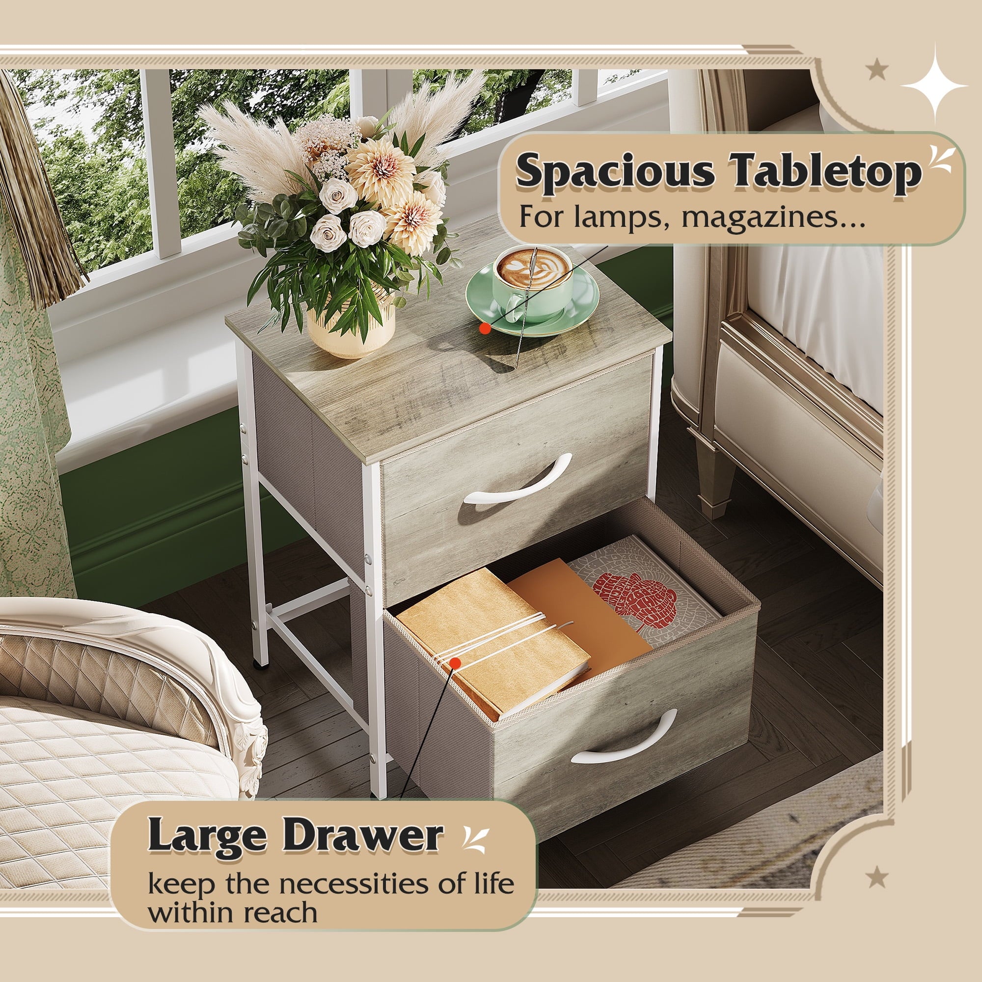 GALAXHERO Nightstand with 2 Drawers, Small Dresser for Closet, End Table with Fabric Bin, Bedside Table for Bedroom, Entryway, College Dorm, Greige Oak