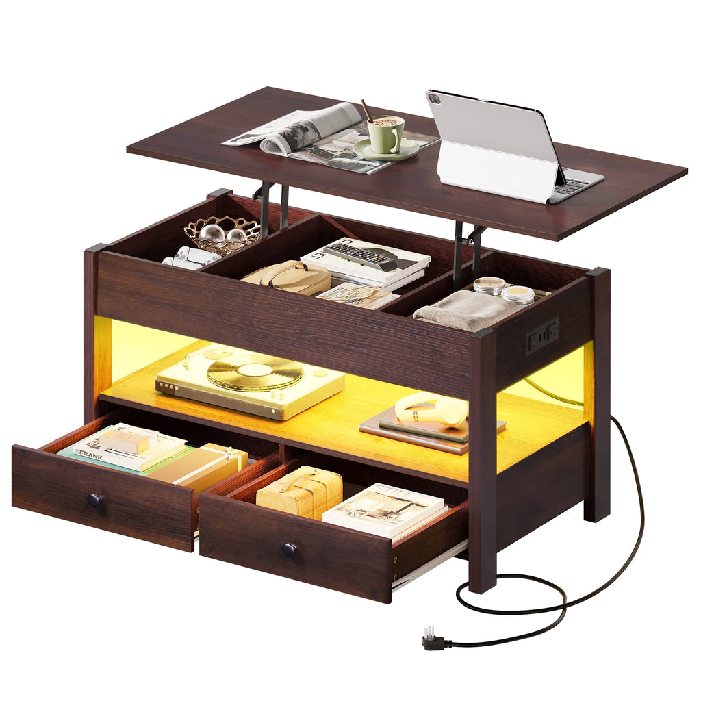 GALAXHERO Lift Top Coffee Table for Living Room Table with 2 Drawers & LED Light & Large Storage and Open Shelf