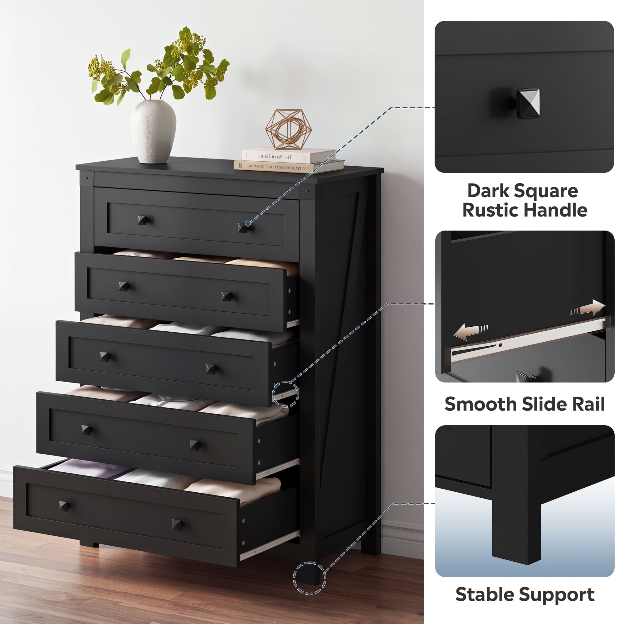 GALAXHERO Farmhouse 5 Drawer Dresser,Tall Dresser with Double Rustic Handles, Wood Chest of Drawers for Bedroom, Living Room, Hallway