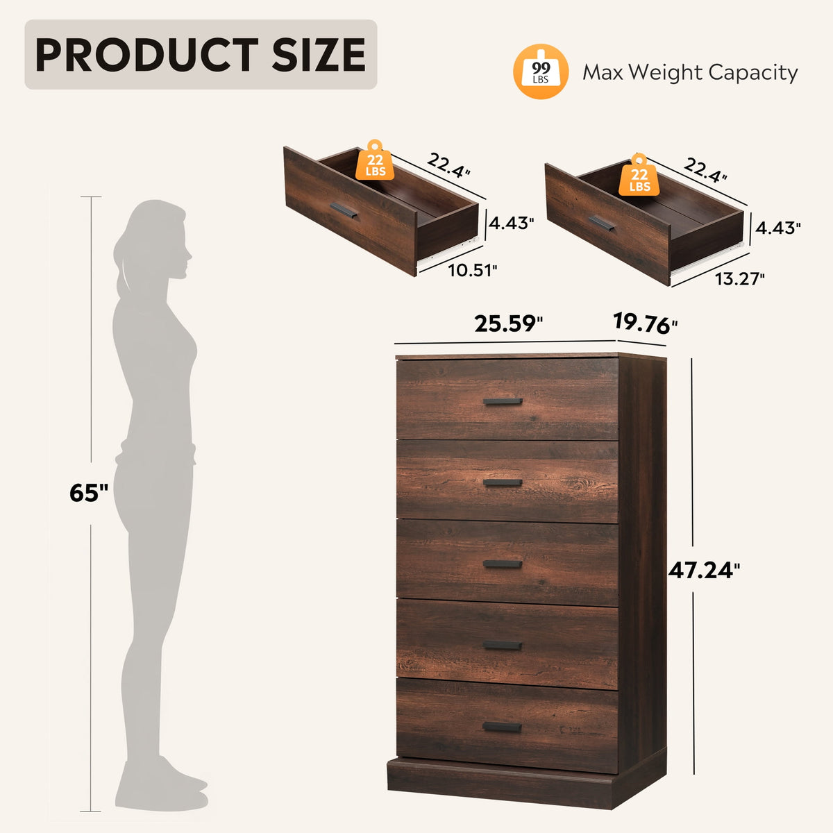GALAXHERO 5 Drawers Dresser, Chest of Drawers for Bedroom, Tall Wood Storage Cabinet with Metal Handle for Living Room, Closet, Hallway