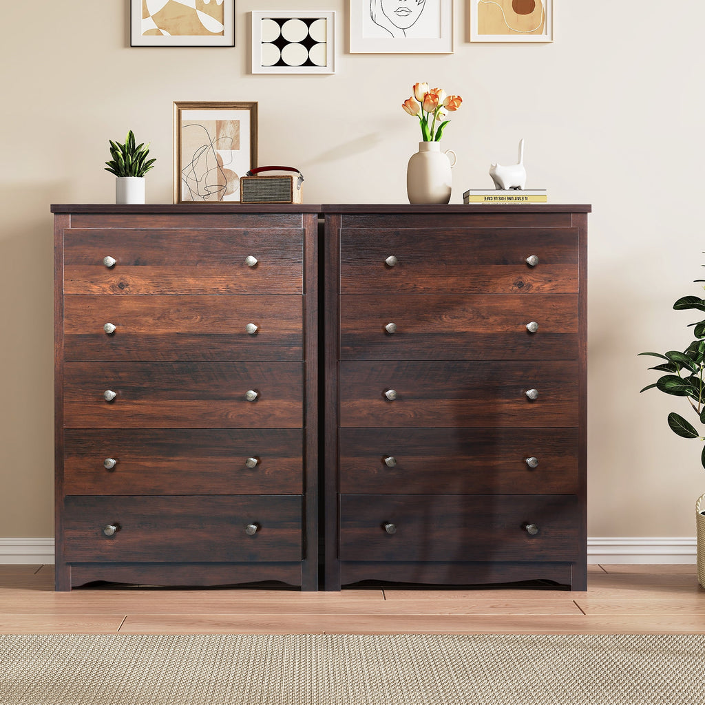 GALAXHERO 5 Drawer Dresser for Bedroom, Retro Wood Chest of Drawers, Tall Dresser with Round Metal Handle for Living Room, Hallway, Closet