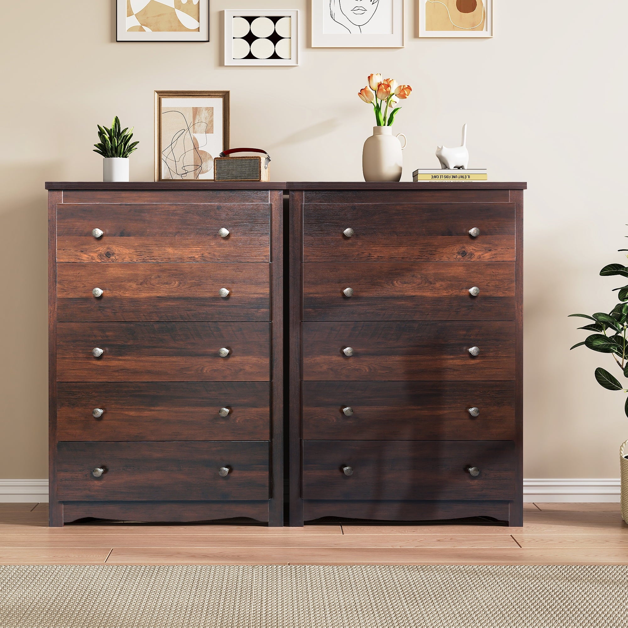 GALAXHERO 5 Drawer Dresser for Bedroom, Retro Wood Chest of Drawers, Tall Dresser with Round Metal Handle for Living Room, Hallway, Closet