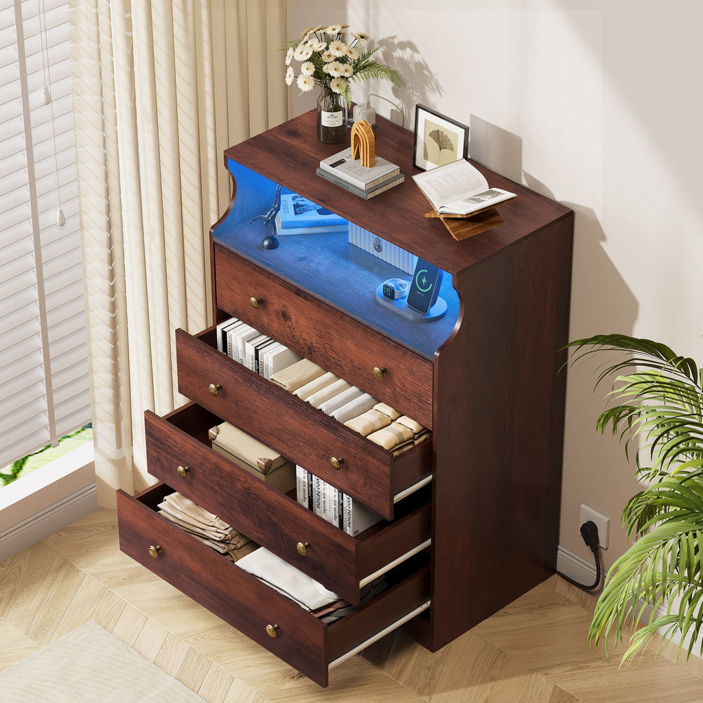 GALAXHERO 4 Drawers Dresser for Bedroom, Tall  Dressers with LED Open Shelf, Modern Chest of Drawers with Charging Station, Wood Closet Clothes Organizer Storage Cabinet