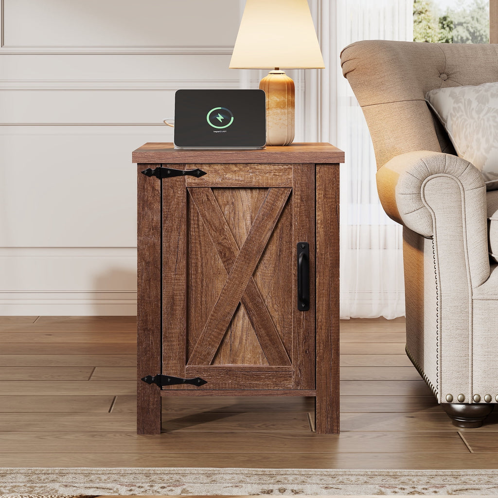 GALAXHERO Nightstand with Charging Station, Farmhouse Narrow Side Table with Barn Door, Wooden Bedside Table for Bedroom, End Tables for Living Room