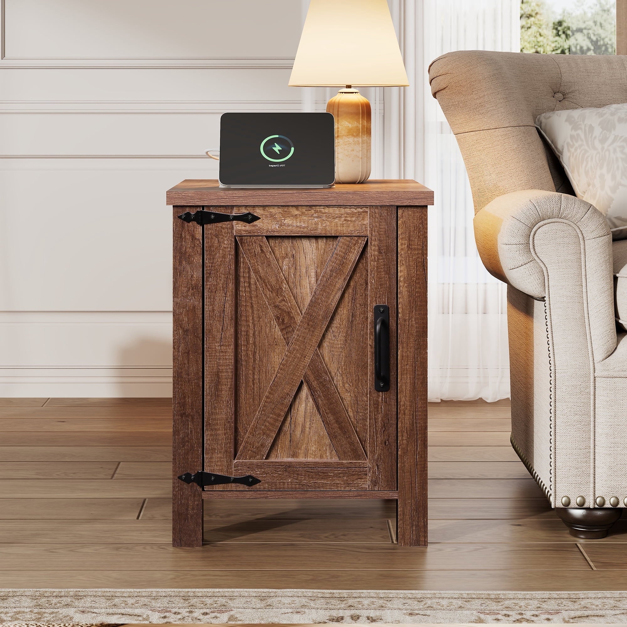 GALAXHERO Nightstand with Charging Station, Farmhouse Narrow Side Table with Barn Door, Wooden Bedside Table for Bedroom, End Tables for Living Room