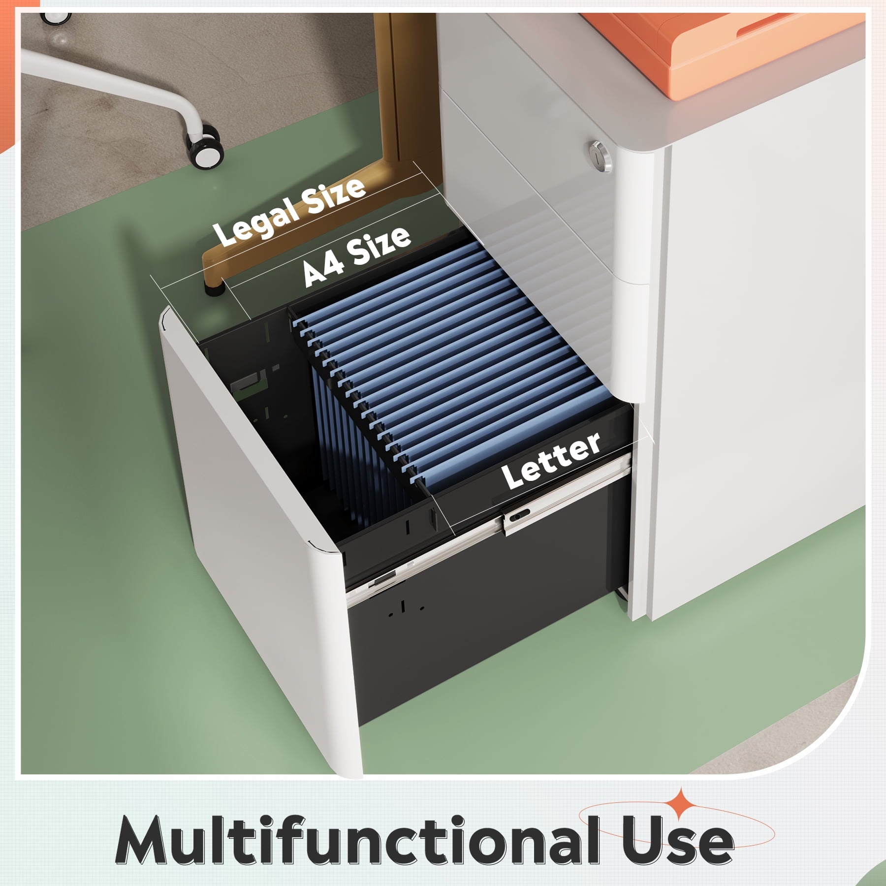 GALAXHERO 3 Drawer Metal File Cabinet with Lock, Vertical Rolling Filing Cabinet for Home Office, Fits A4/Letter/Legal
