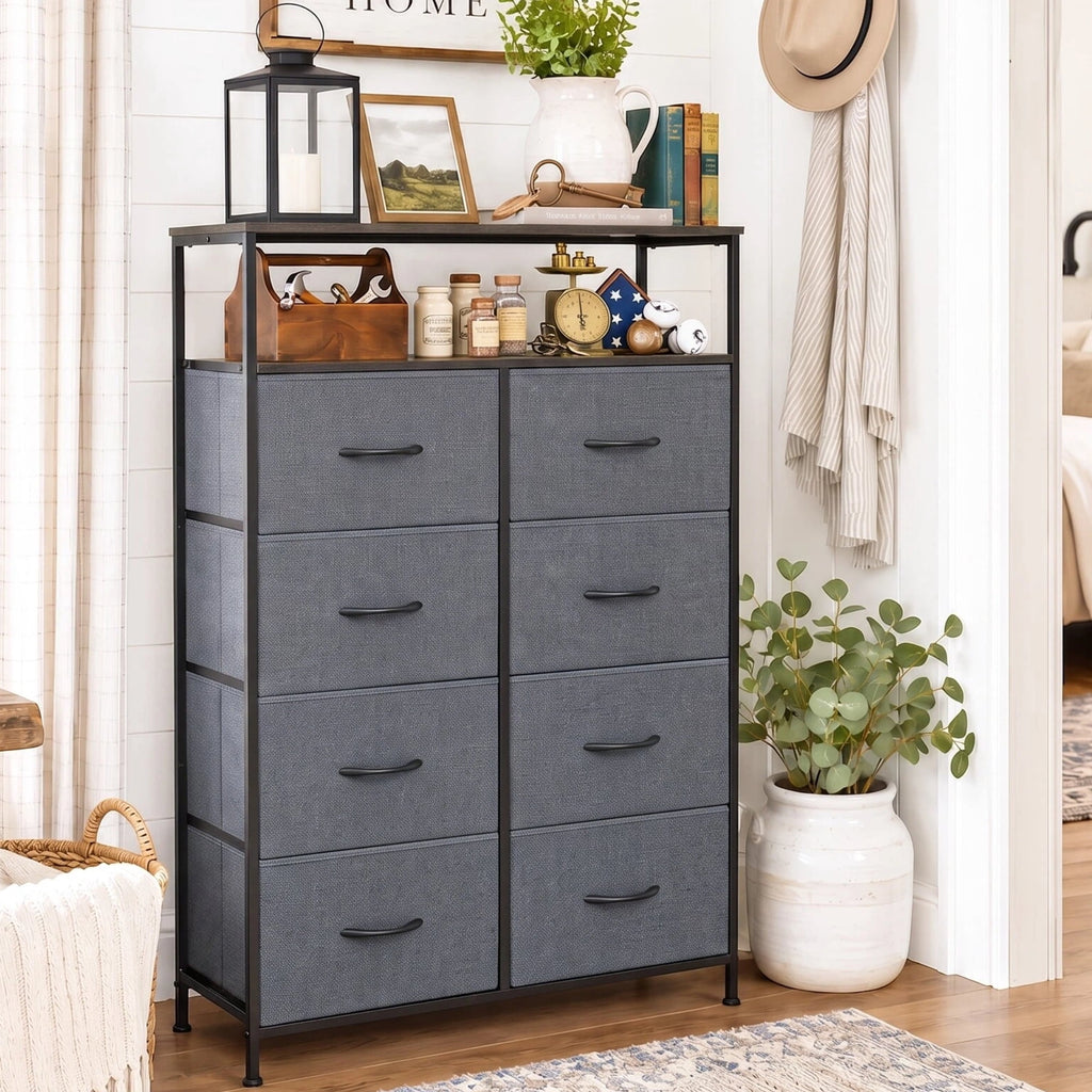 GALAXHERO 8-Drawer Fabric Dresser with Open Shelves, Tall Chest of Drawers with Wooden Top, Storage Tower for Entryway, Bedroom & Closet