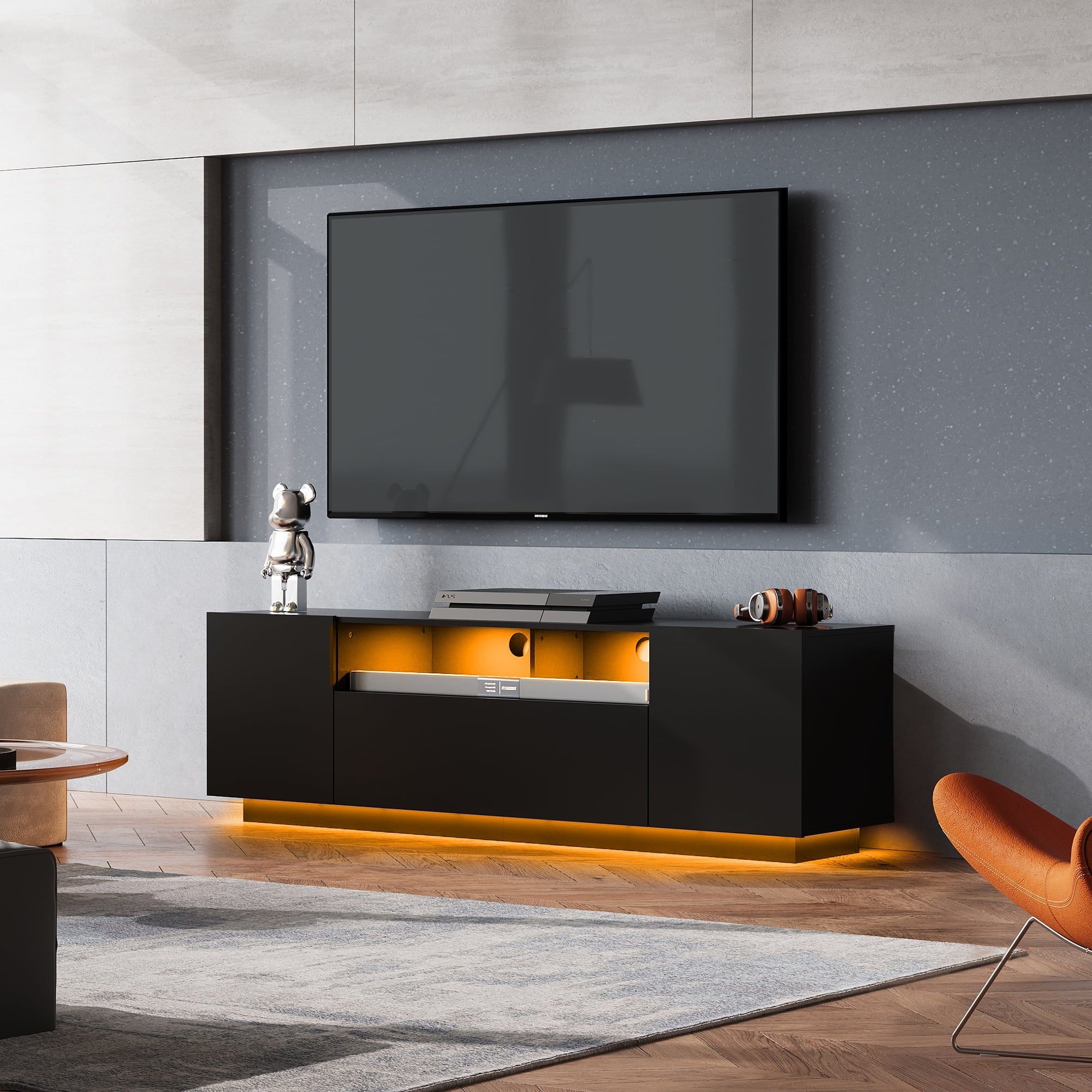 GALAXHERO TV Stand for 50-65 Inch TVs, 65" Entertainment Center with LED Lights, Modern TV Console with Storage Cabinet for Living Room & Bedroom, White