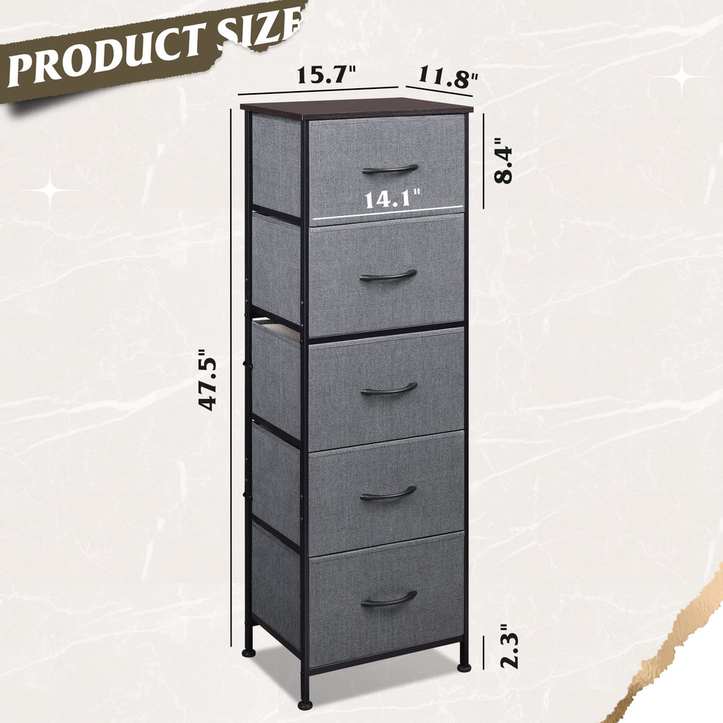 GALAXHERO 5-Drawer Tall Fabric Dresser with Wood Top, Storage Organizer Chest for Bedroom, Closet, Hallway, Sturdy Steel Frame