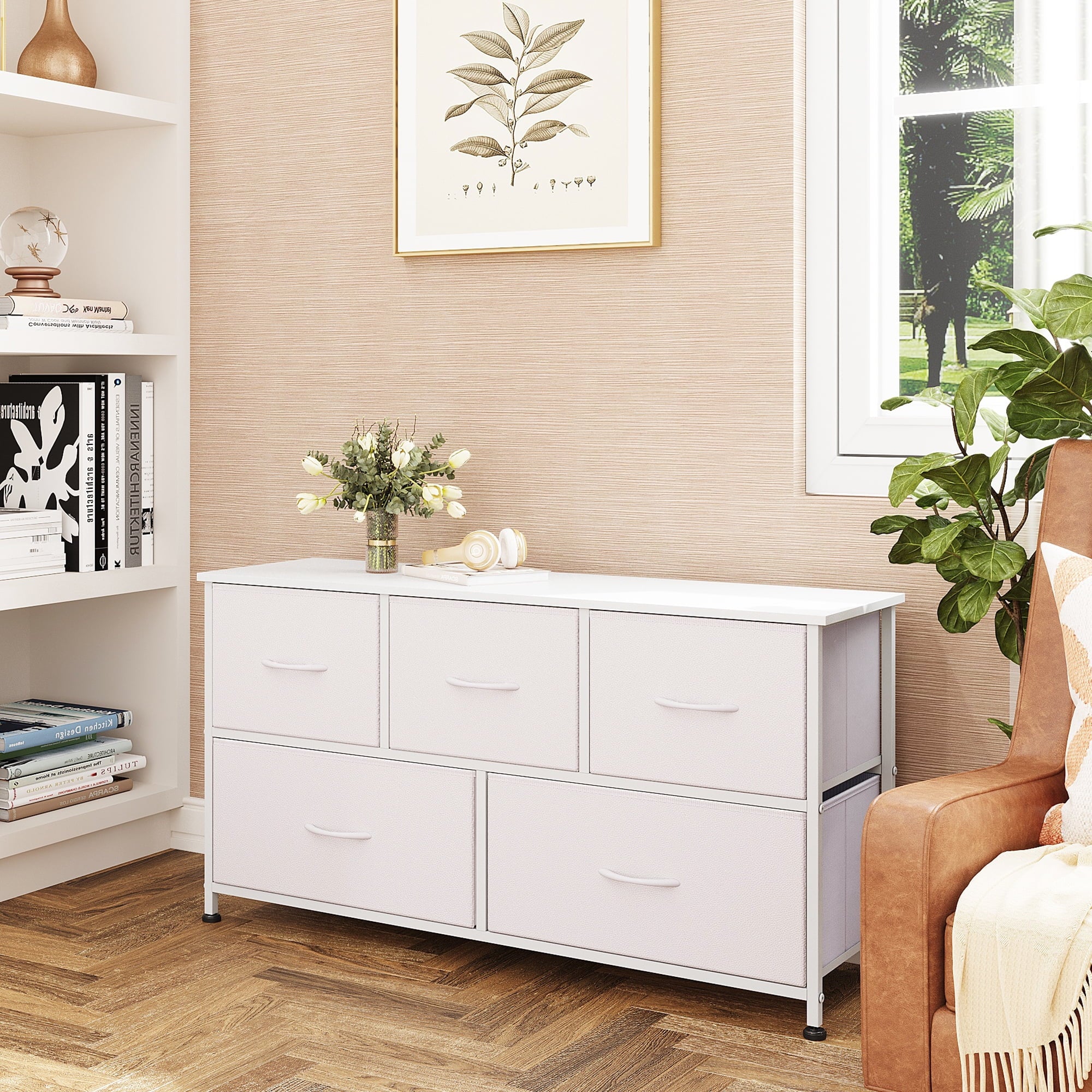 GALAXHERO 5-Drawer Dressers for Bedroom, Wide Chest of Drawers Nightstand Storage Tower with Fabric Bins for Closet, Living Room, Hallway