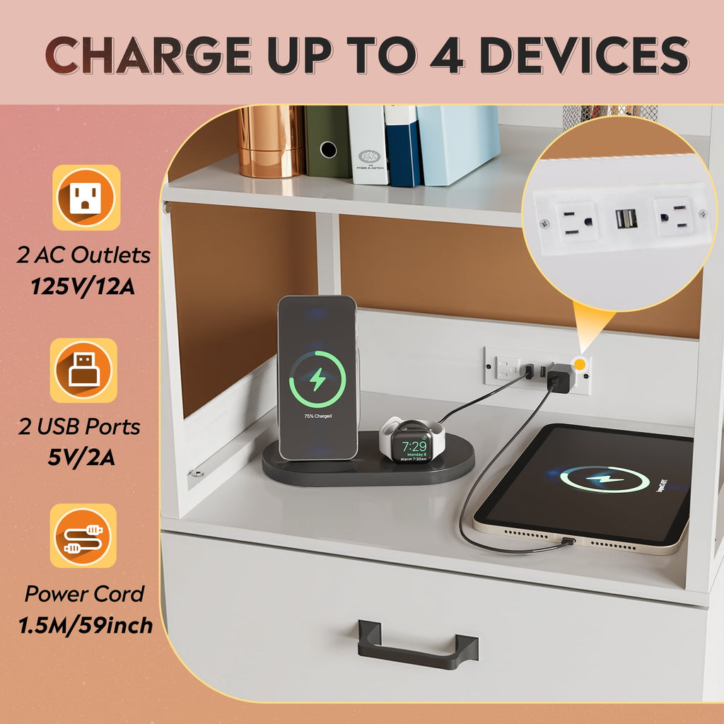 GALAXHERO 2 Drawer File Cabinet with Charging Station, Tall Vertical Filling Cabinet with Lock, Fits Letter/A4/Legal Size, Printer Stand & Adjustable Shelves for Home Office