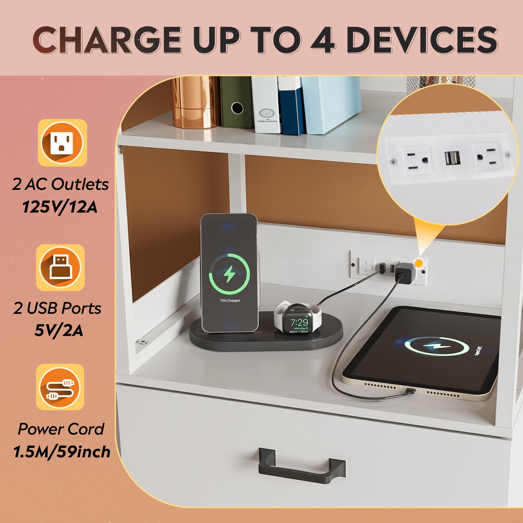GALAXHERO 2 Drawer File Cabinet with Charging Station, Tall Vertical Filling Cabinet with Lock, Fits Letter/A4/Legal Size, Printer Stand & Adjustable Shelves for Home Office
