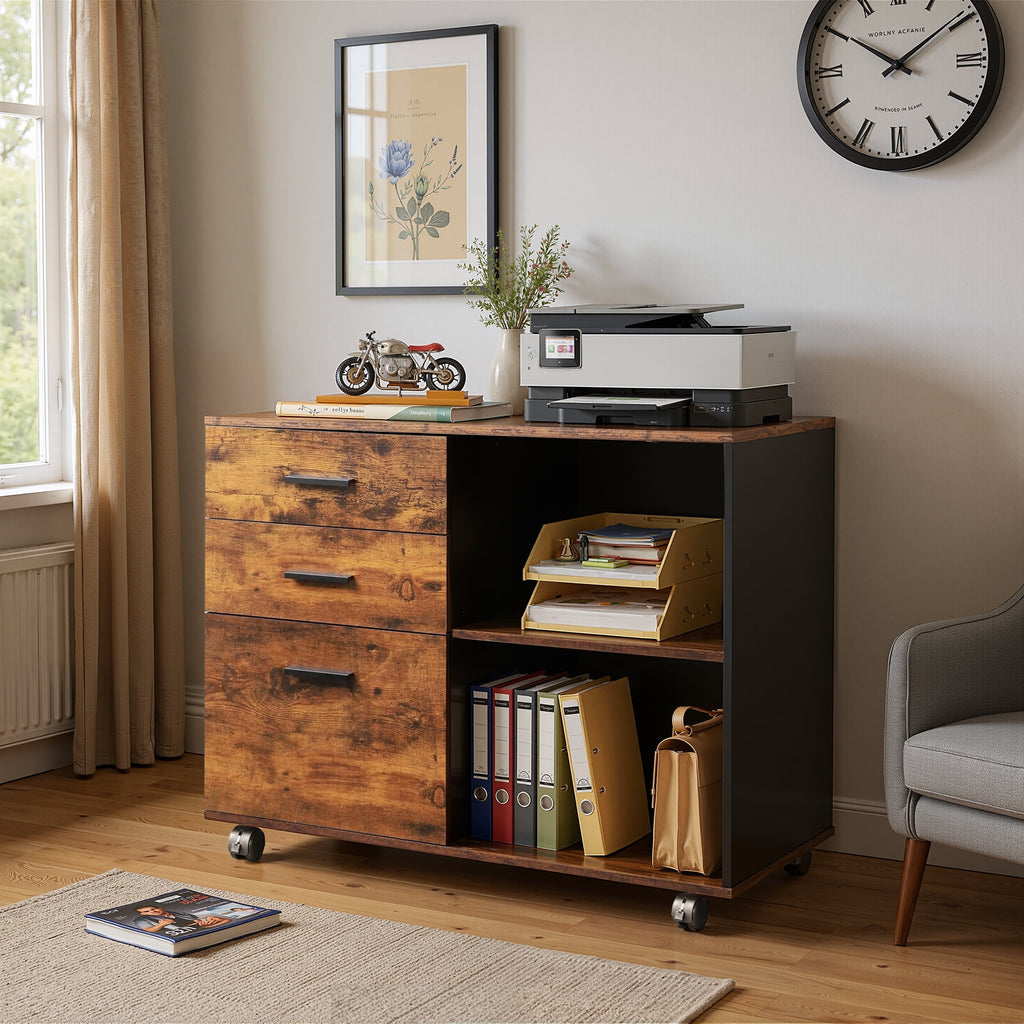 GALAXHERO 3-Drawer Wood Mobile File Cabinet, Lateral Filing Cabinet with Printer Stand and Open Storage Shelves for Home Office, Rustic Brown