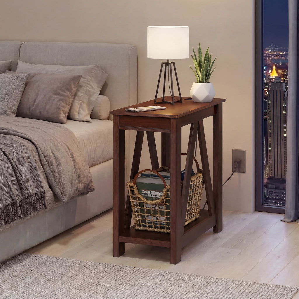 GALAXHERO End Table with Charging Station Slim Side Table with 2 USB Ports and 2 Power Outlets, 2-Tier Nightstand for Small Spaces, Farmhouse End Table for Living Room,Bedroom