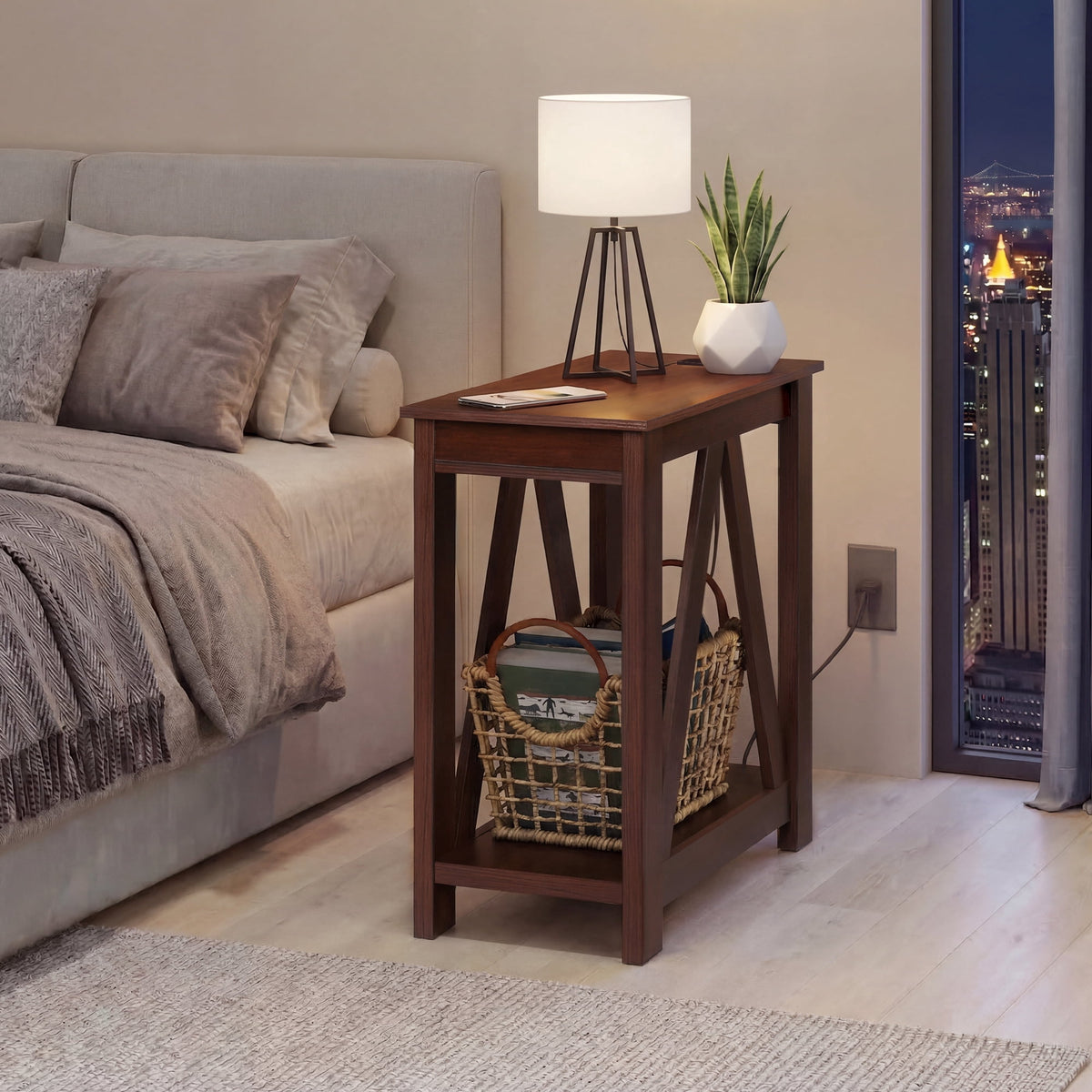 GALAXHERO End Table with Charging Station Slim Side Table with 2 USB Ports and 2 Power Outlets, 2-Tier Nightstand for Small Spaces, Farmhouse End Table for Living Room,Bedroom