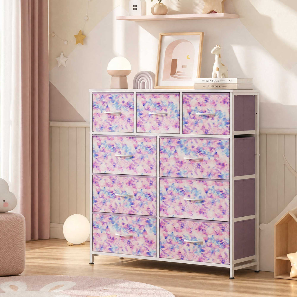 GALAXHERO 9-Drawer Fabric Dresser, Tall Storage Tower for Bedroom, Hallway, Entryway, Closet, Chest Organizer Unit with Fabric Bins, Steel Frame, Wood Top, Wood Grain Print