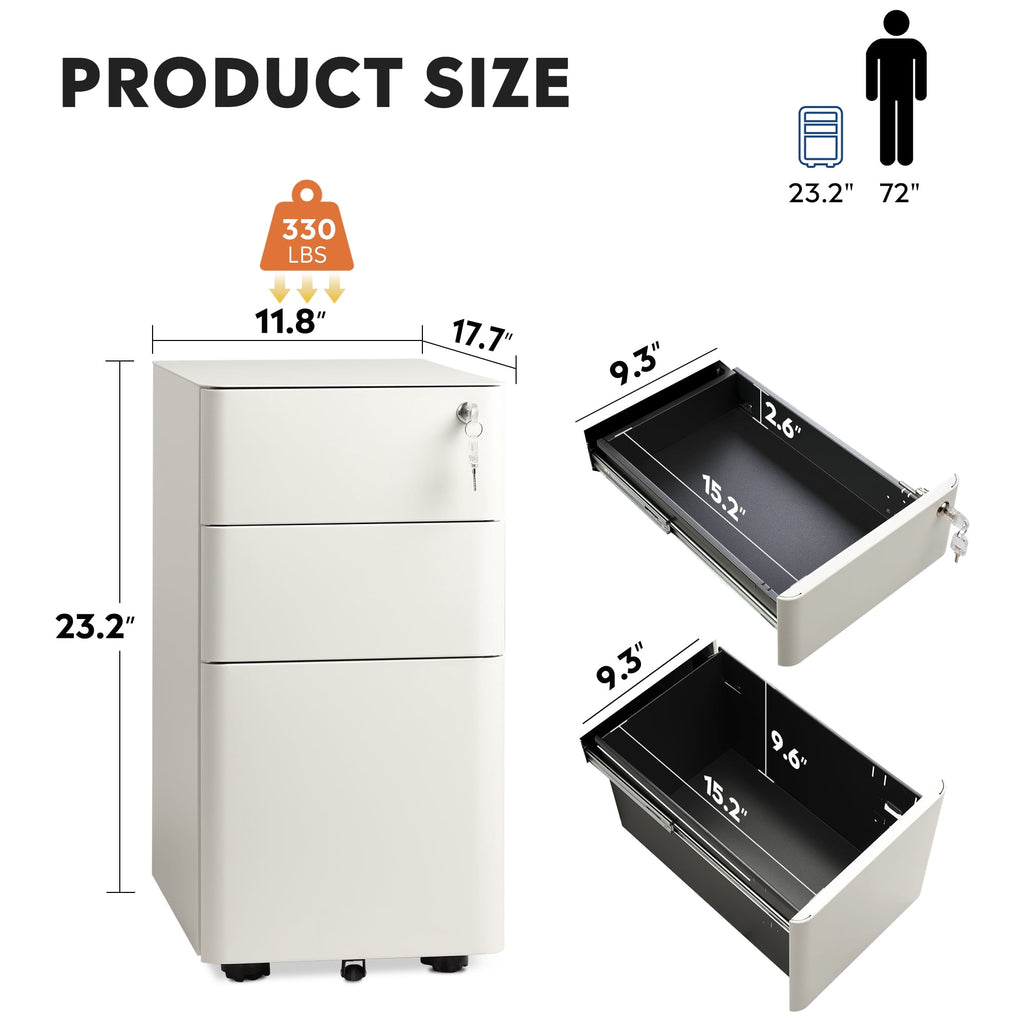 GALAXHERO 3 Drawer Metal File Cabinet with Lock, Vertical Rolling Filing Cabinet for Home Office, Fits A4/Letter/Legal