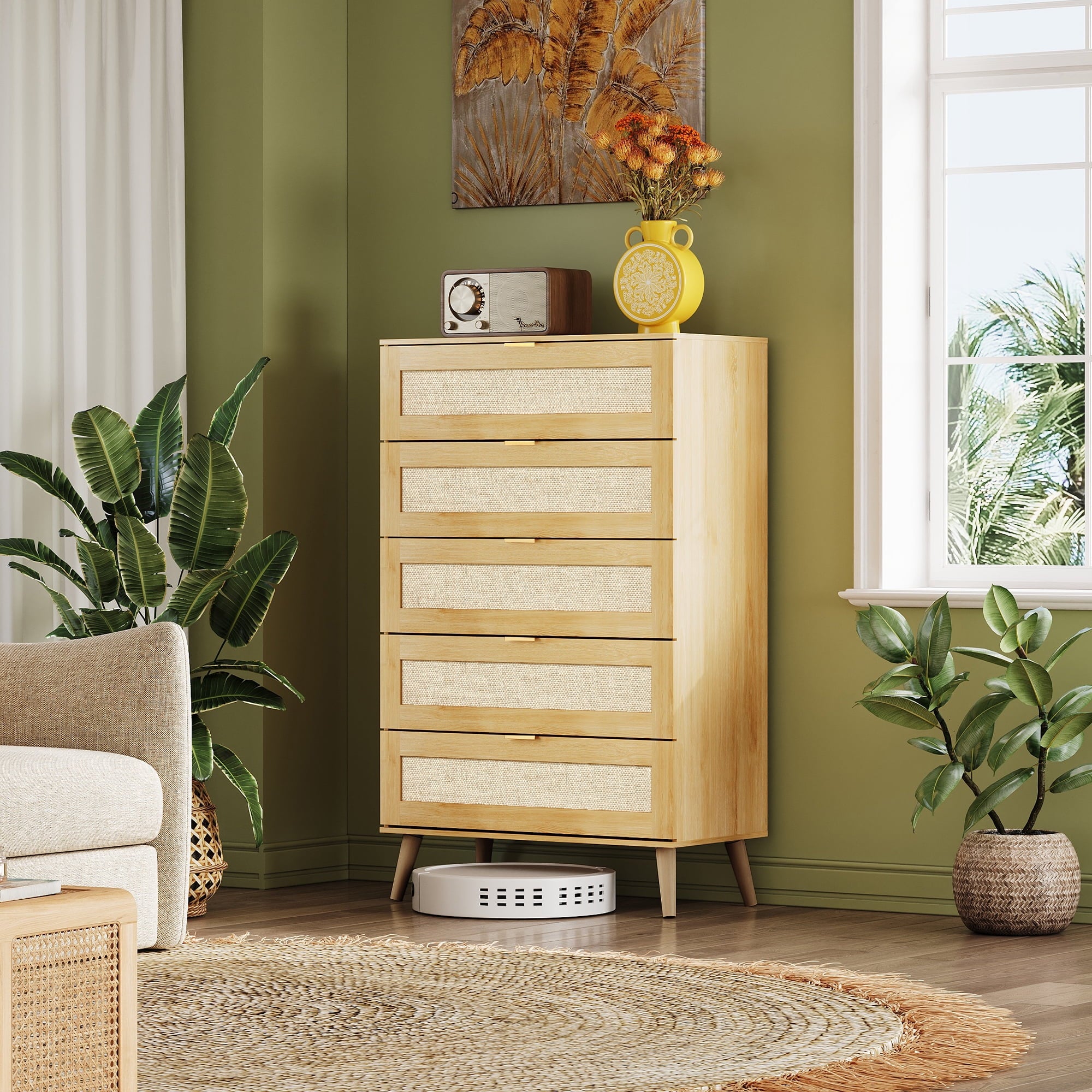 GALAXHERO Rattan 5 Drawer Dresser, Wooden Chest of Drawers, Boho Tall Dresser Closet Storage Organizer for Bedroom, Living Room, Hallway, Light Oak