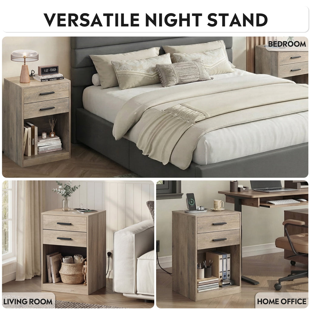 GALAXHERO Nightstand Set of 2 with Charging Station and 2 Drawers, Wood Bedside Table End Table with Open Shelf for Bedroom, Living Room