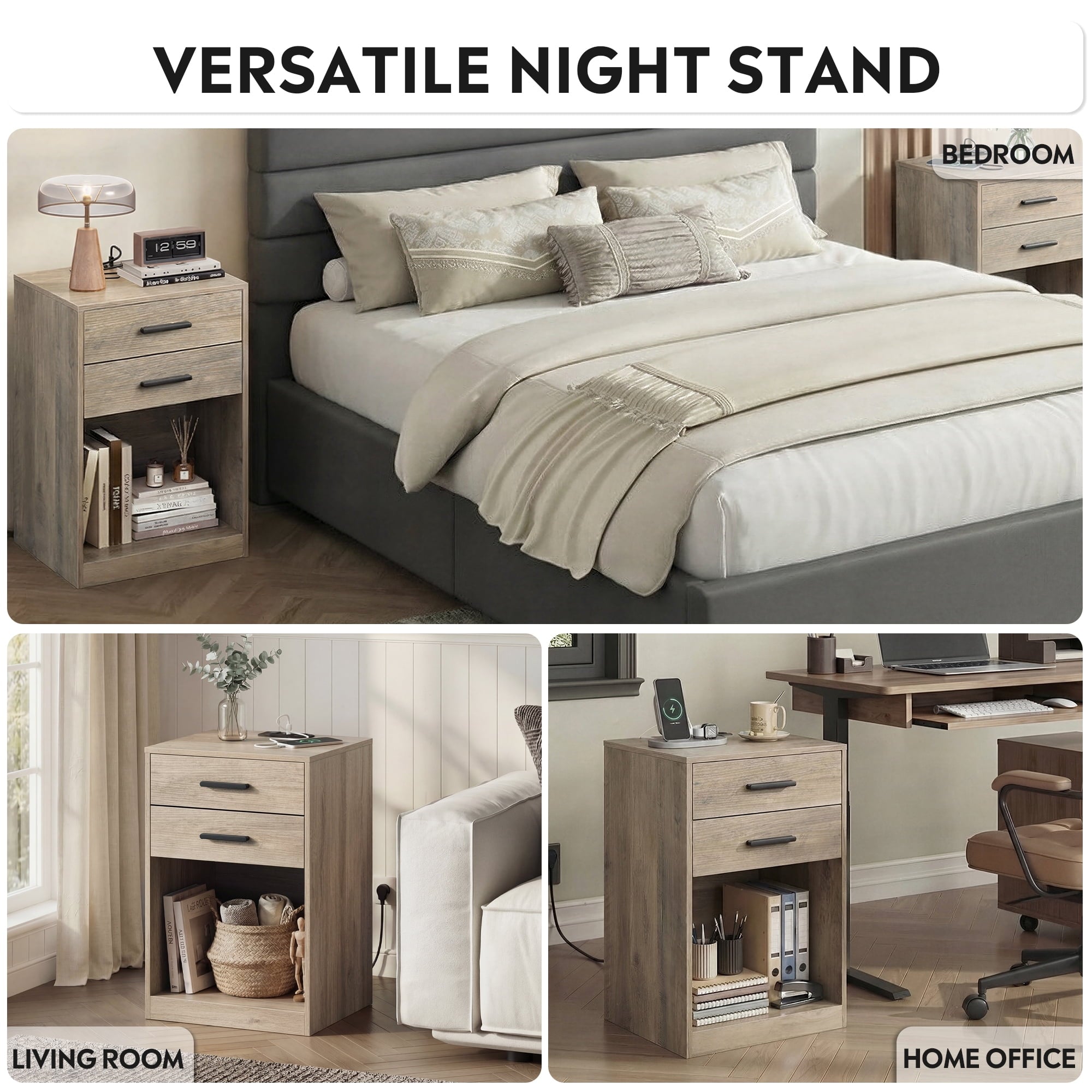 GALAXHERO Nightstand Set of 2 with Charging Station and 2 Drawers, Wood Bedside Table End Table with Open Shelf for Bedroom, Living Room