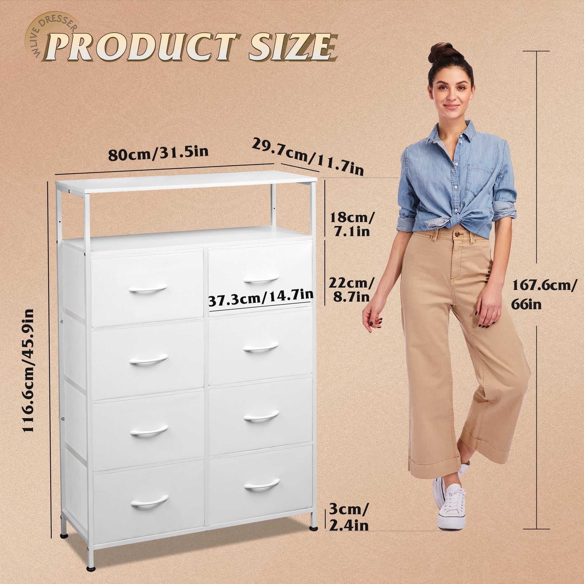 GALAXHERO 8 Drawer Dresser for Bedroom, Open Storage Shelves, Wooden Top, Fabric Bins for Closet, Living Room, Hallway
