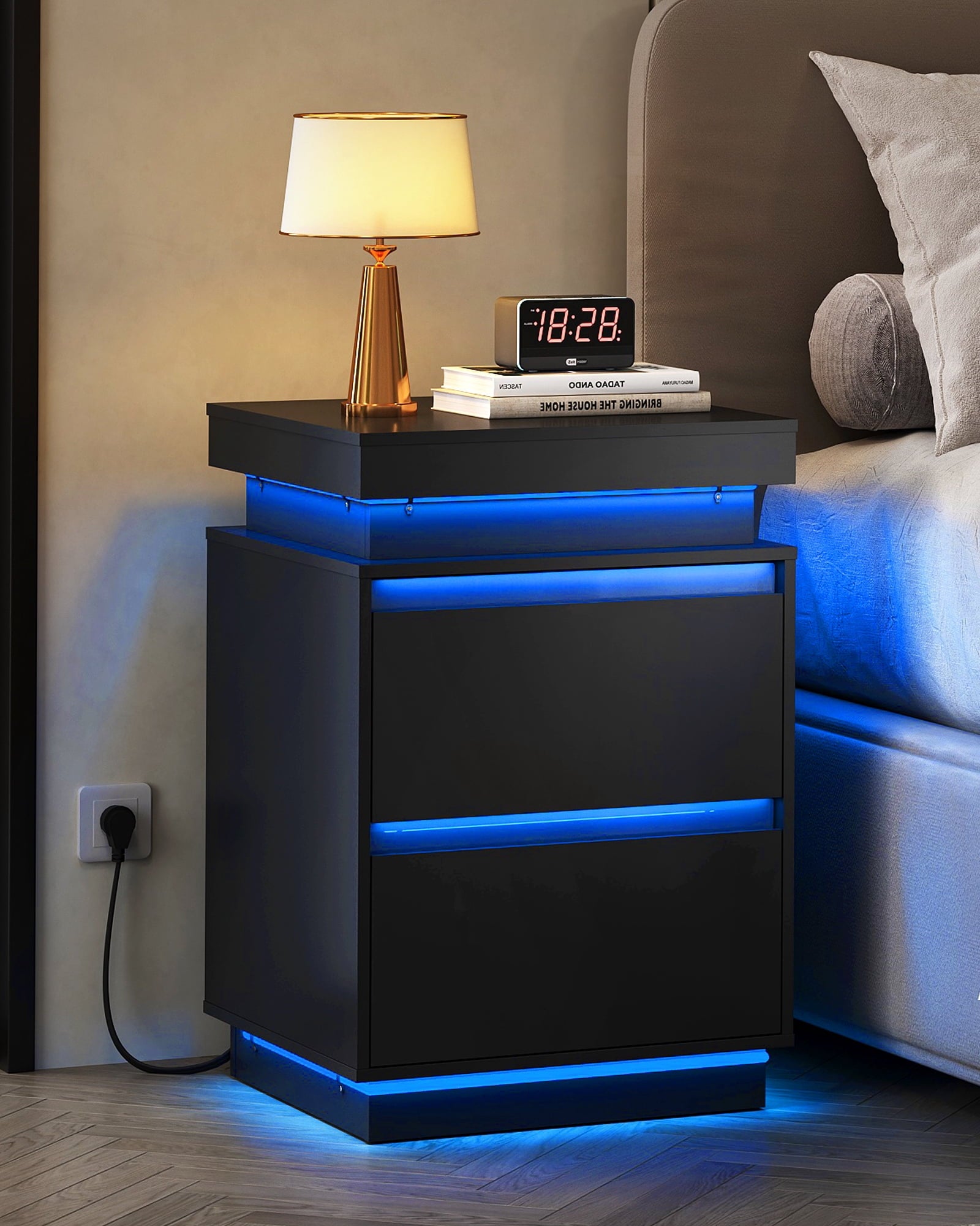 GALAXHERO Nightstand with Charging Station and LED Lights, Modern 2 Drawers Bedside Table with Sliding Top, End Side Table for Bedroom, Living Room