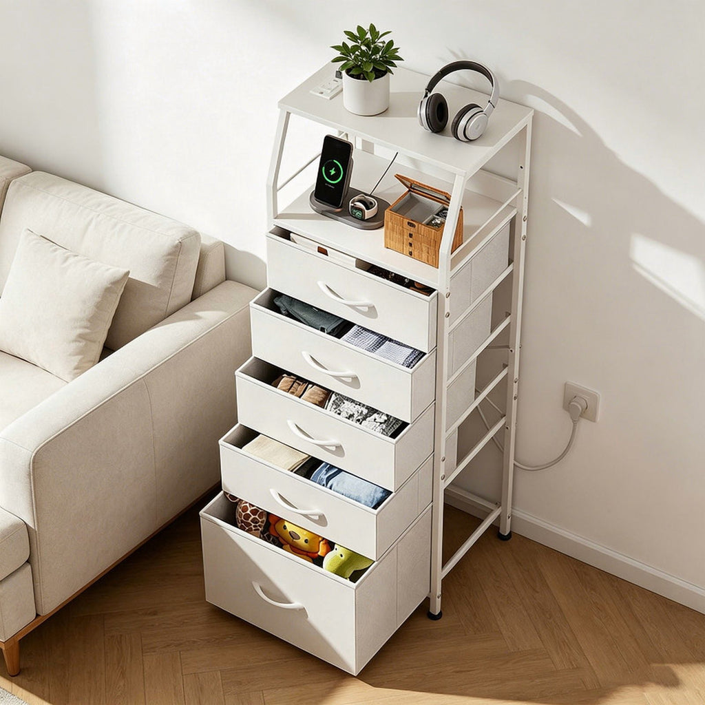 GALAXHERO Dresser for Bedroom, 5 Drawer Nightstand with Charging Station,Tall Bedside Table with LED and Open Shelf