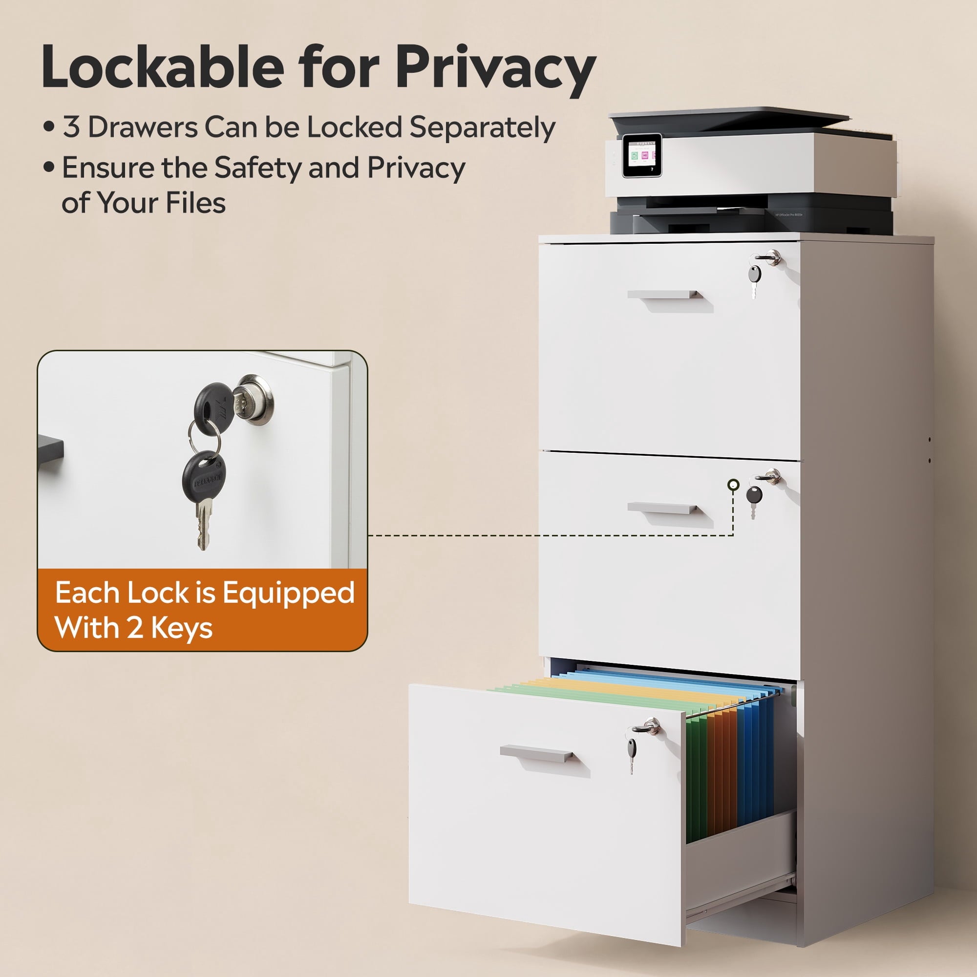 GALAXHERO 3-Drawer File Cabinet with Locks & Wood Printer Stand, Fits Letter/A4, Ideal for Home Office
