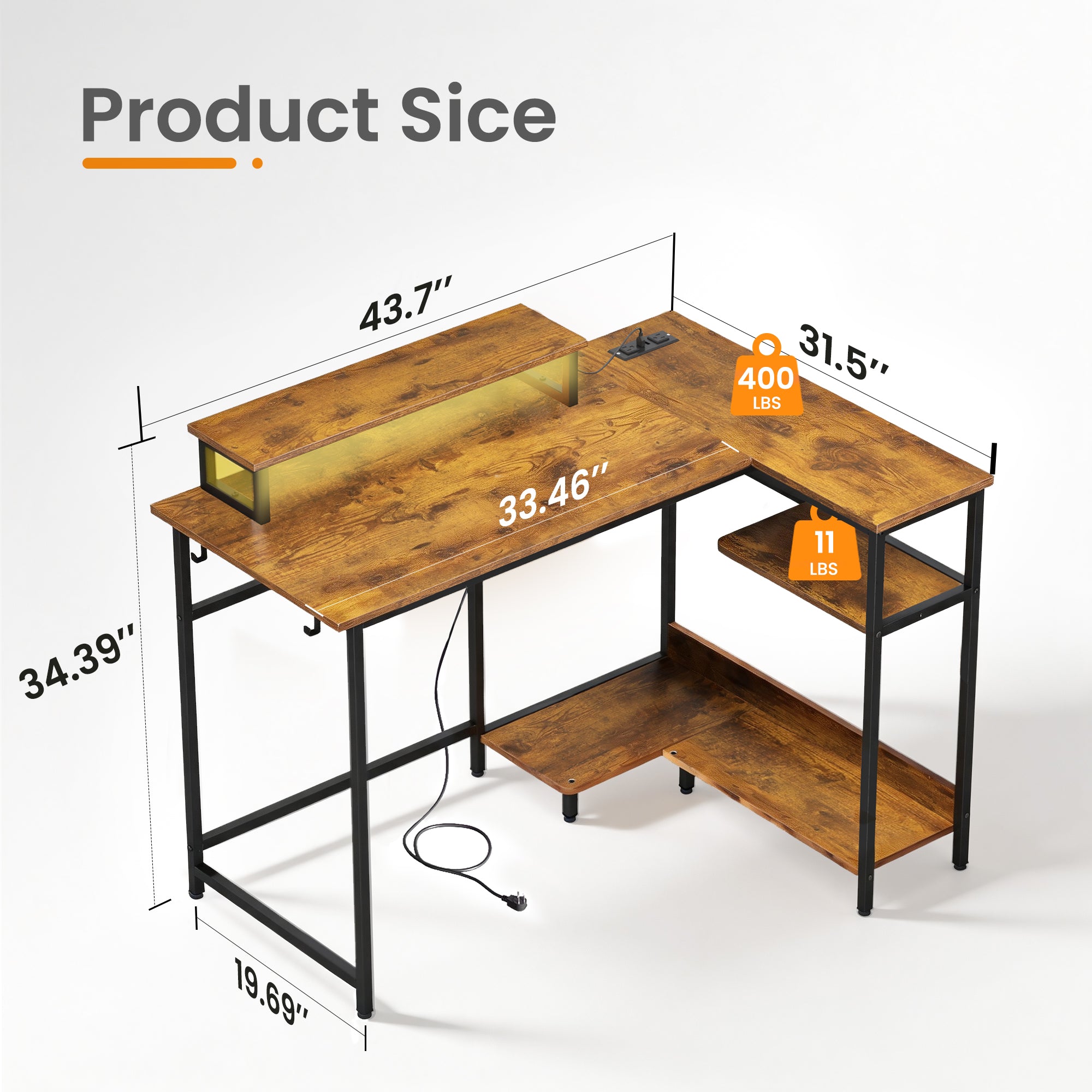 GALAXHERO 43 Inch L Shaped Gaming Desk with LED Lights & Power Outlets, Corner Computer Desk with Storage for Small Spaces, Sturdy PC Table for Home Office, Rustic Brown
